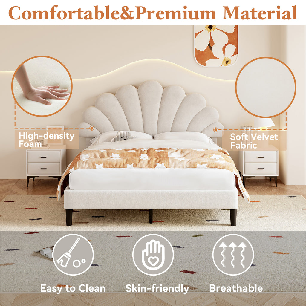 4ft6 Double Upholstered Velvet Bed Frame, with Adjustable Chic Petal Headboard, Velvet Platform Bed Frame with Solid Wood Slat, No Box Spring Needed, Easy Assembly, Beige