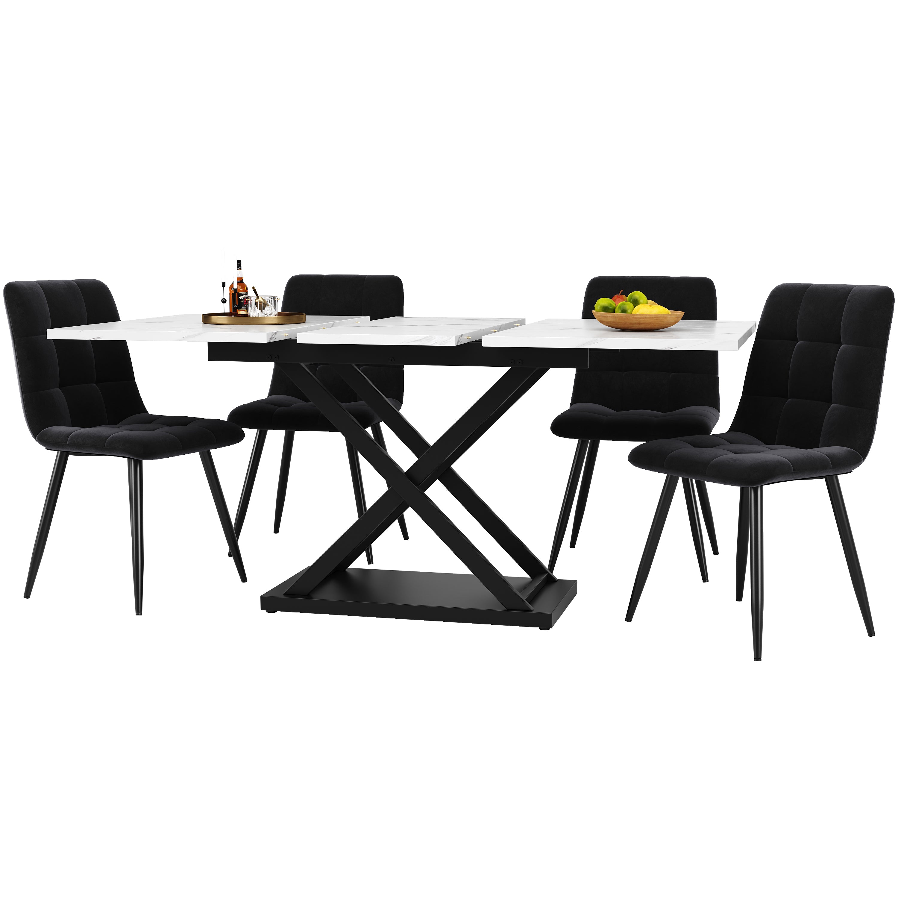Dining set (5-piece), extendable dining table set for 4 people, 160×80×75cm dining table with 4 dining chairs, black velvet dining chairs, white marble dining table
