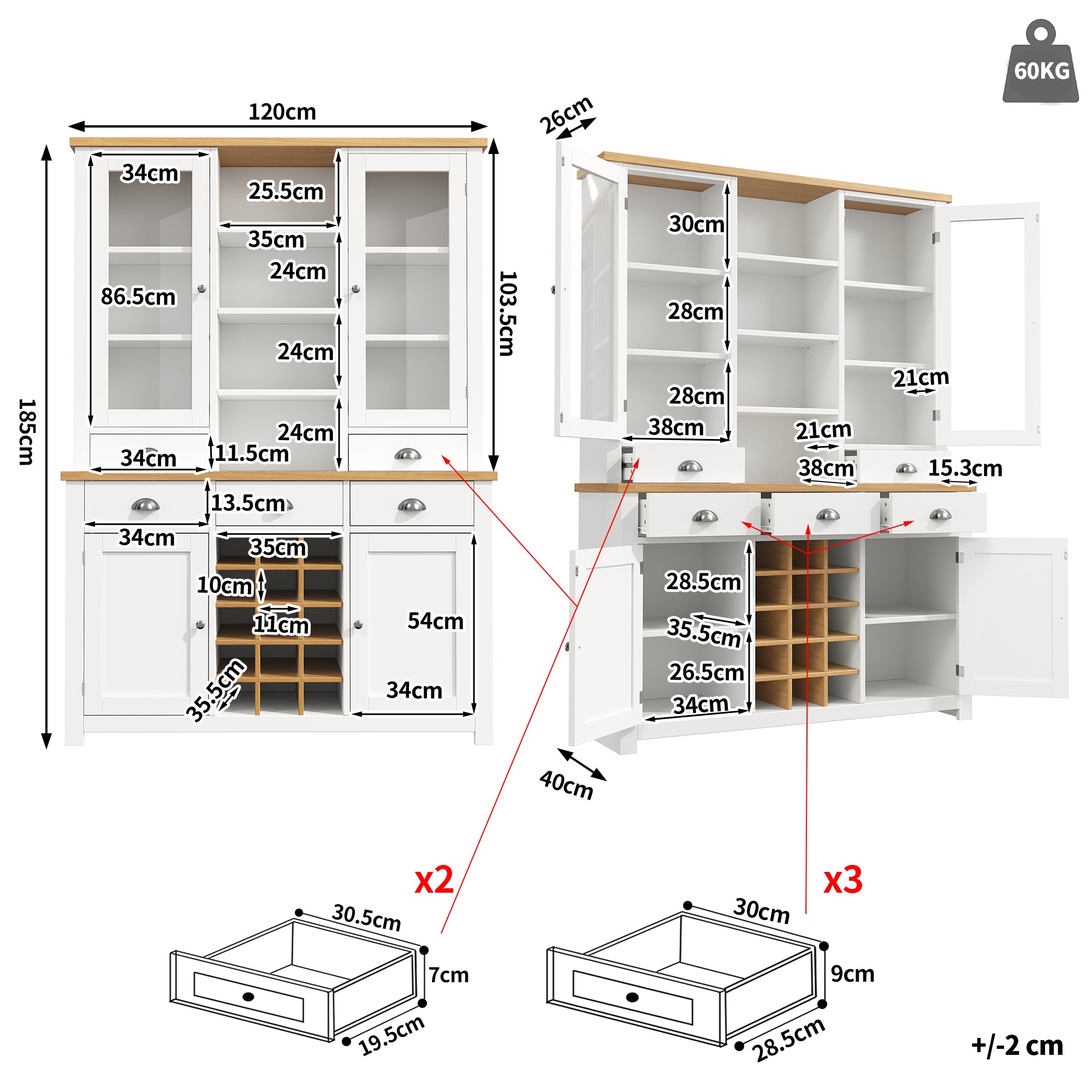 Kitchen Pantry Cabinet with Wine Rack, 185cm Tall Storage Cabinet with Glass Doors, 5 Drawers & Adjustable Shelves, White