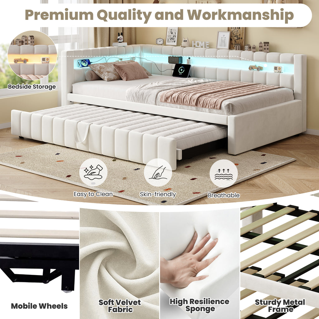 3ft Single Velvet Daybed, Sofa Bed with RGB LED Lights and Charging Station, Upholstered Sofa Bed with Trundle, Pull out Trundle Bed for Living Room, Bedroom or Study, Beige (No Mattress)