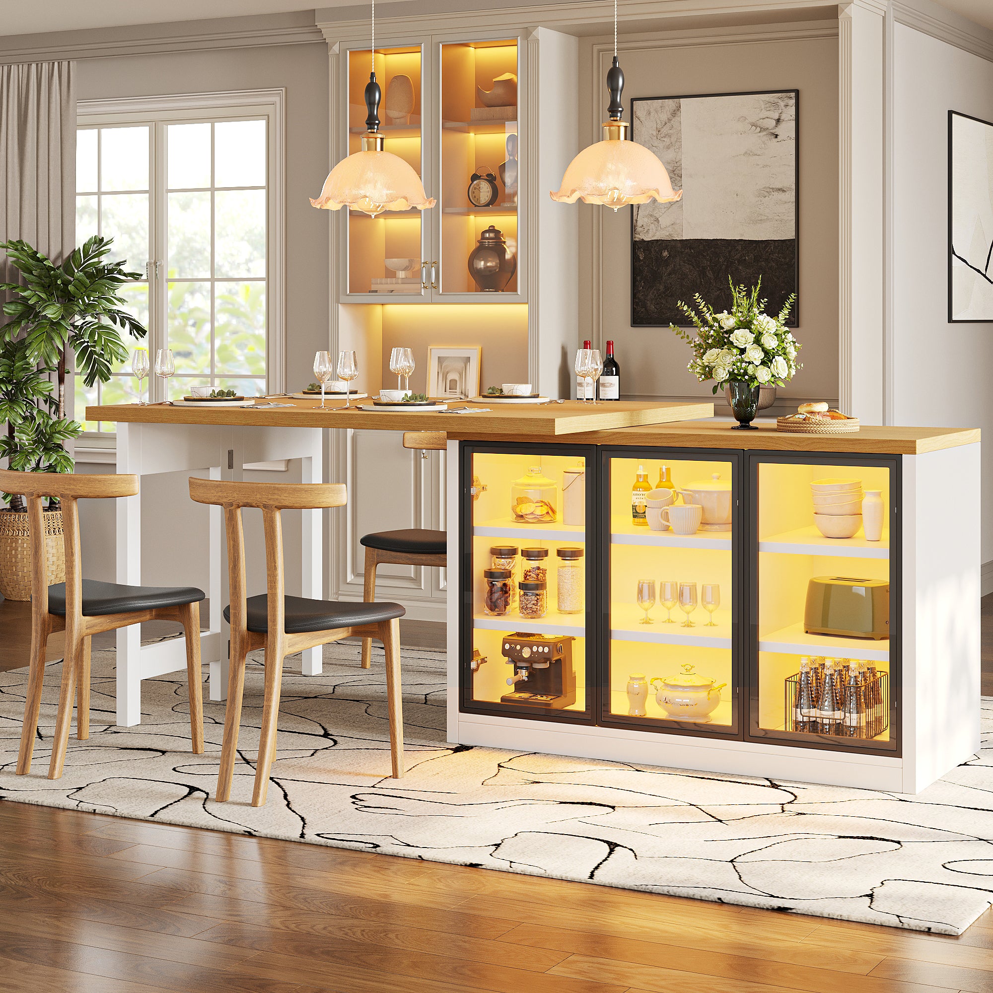Extendable Sideboard & Dining Table Combo with LED Lights, Push-to-Open Glass Display Cabinet, Space Saving Sideboard for Small Flat, White