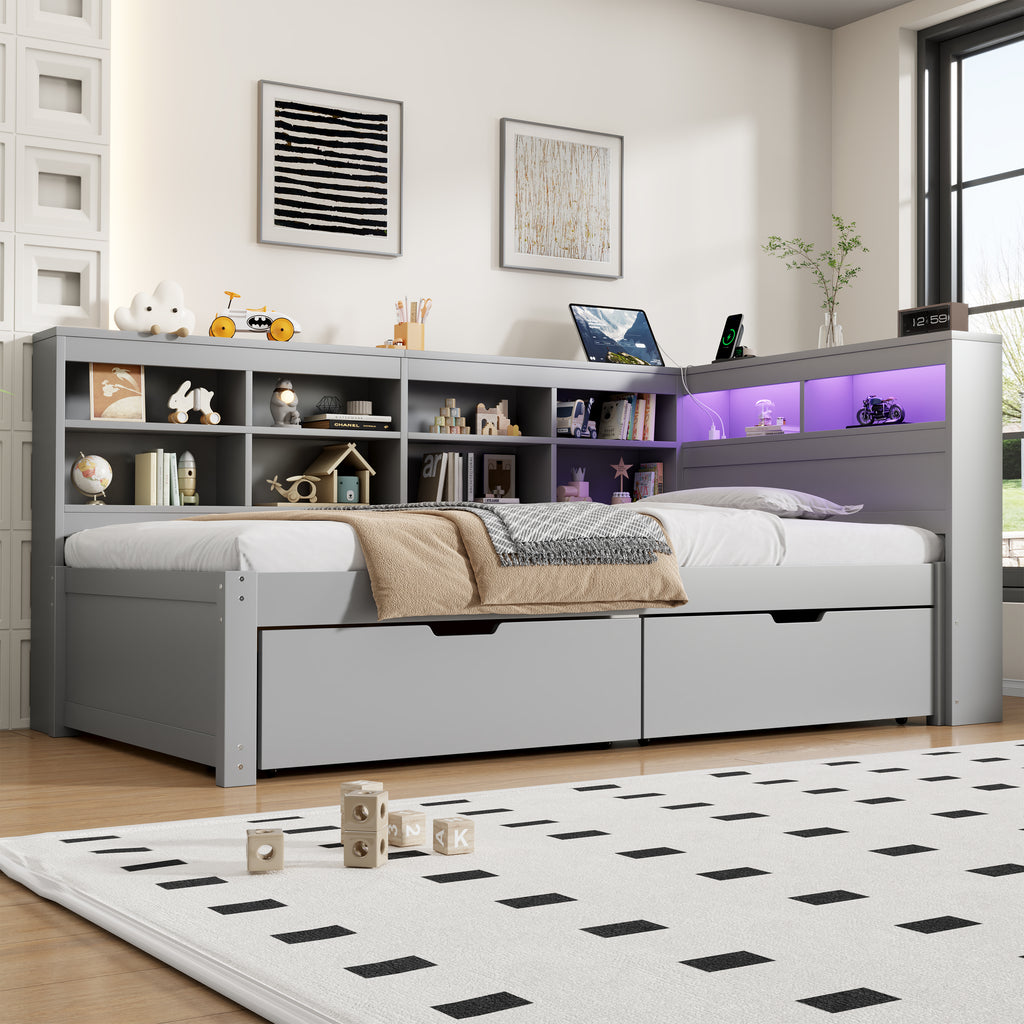 3ft Single Daybed with Two Storage Drawers and Beside Storage, LED Modern Bed frame with Charging Station, Wood Bed for Living Room/ Bedroom/ Study Room, 90X190cm, Easy Assembly, Grey (No Mattress)