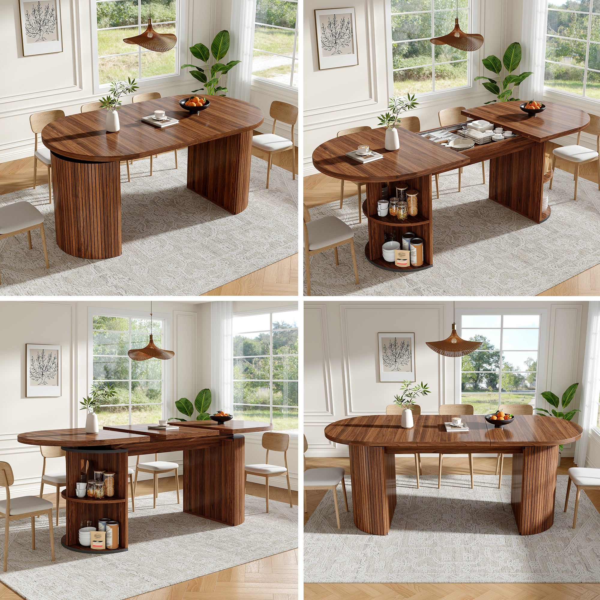 Extendable dining table with hidden storage compartment, thickened tabletop for high stability, flexibly adaptable for small spaces, kitchen, study and living room, dark brown