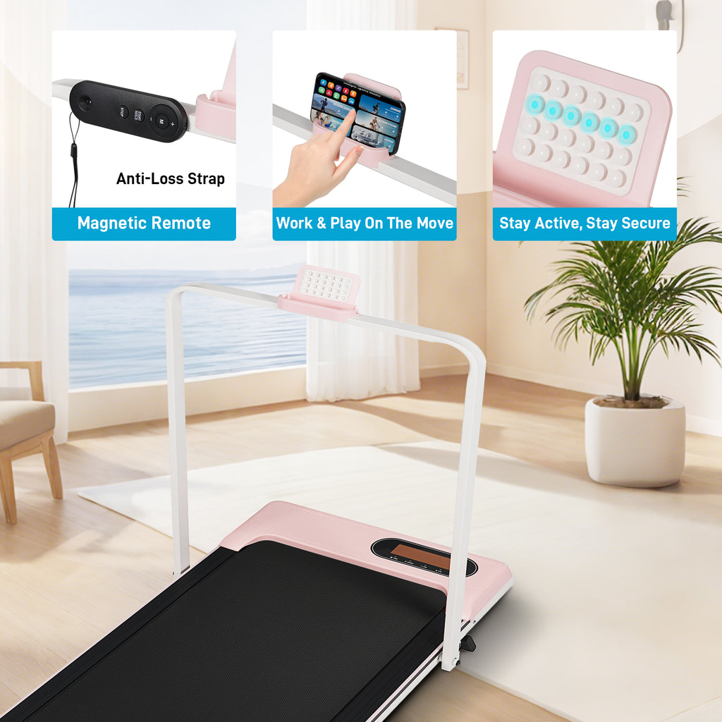 Folding Treadmill with Handrail & Adjustable Incline, 1-10 km/h Running Machine, Space Saving Low Noise Design, LED Display, Phone Holder, Remote Control, Transport Wheels & Plug, Pink.
