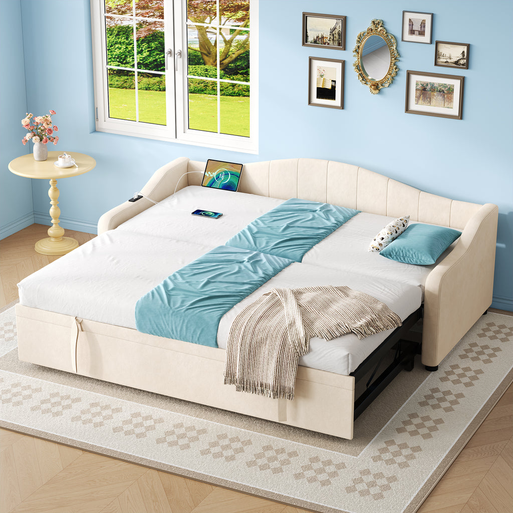 Upholstered Bed 90x190cm, Daybed, Sofa Bed with Charging Station, 3ft Single Velvet Bed with USB and Type - C Ports, Pull out Trundle Bed for Living Room/ Bedroom/ Study Room, Beige (No Mattress)