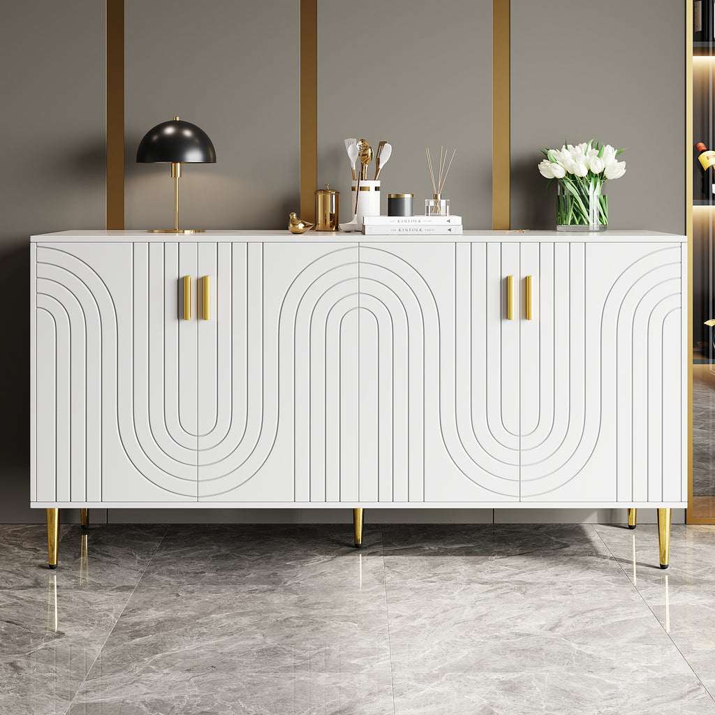 White sideboard (152 x 40 x 75 cm) with unique wave design and golden handles and feet, creating an elegant dining area