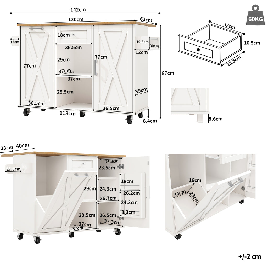 Modern kitchen island,cabinet for rubbish bins, multifunctional dining table with storage space, serving trolley with snack shelves and stretch function cabinets, white(Excluding the dustbin)