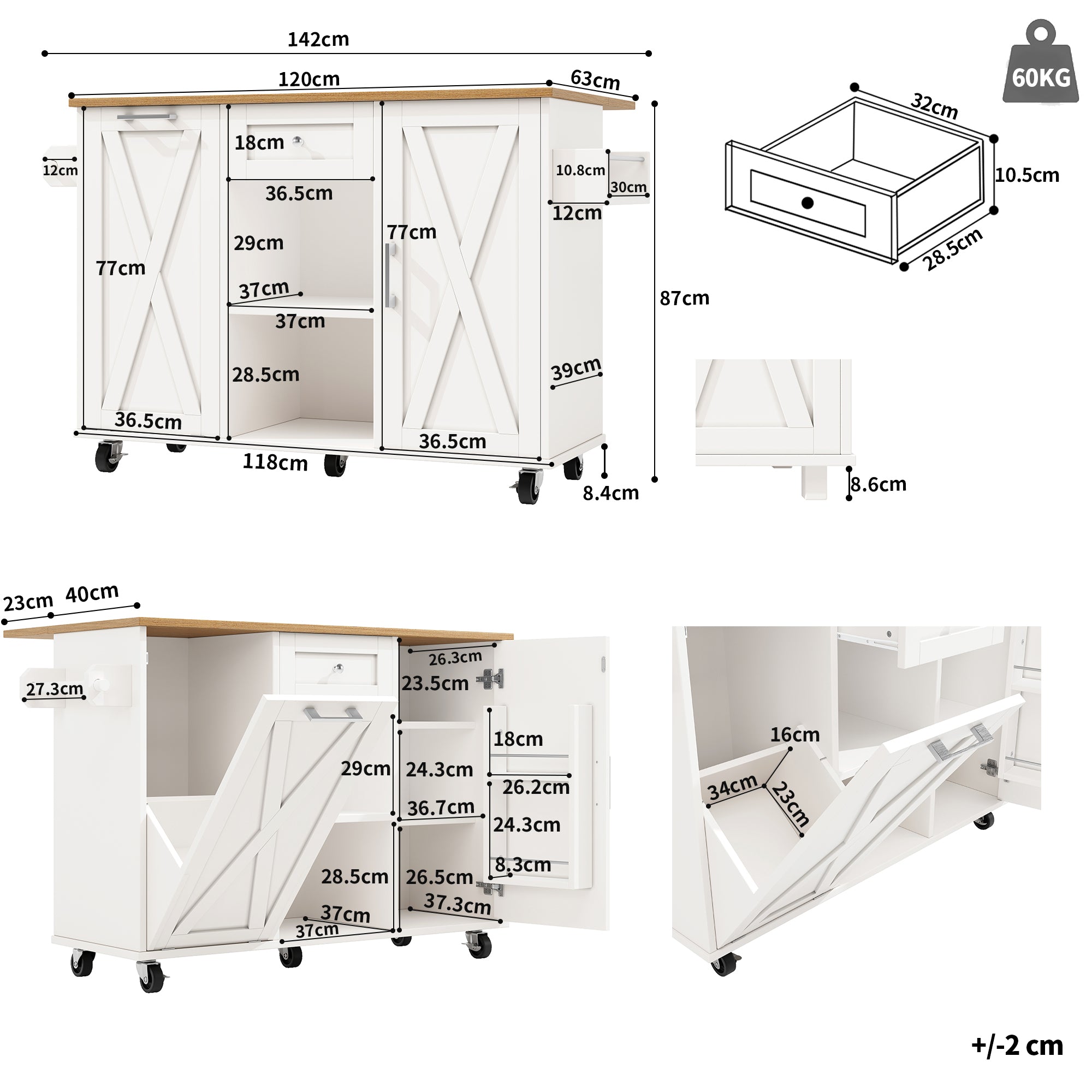Modern kitchen island,cabinet for rubbish bins, multifunctional dining table with storage space, serving trolley with snack shelves and stretch function cabinets, white(Excluding the dustbin)