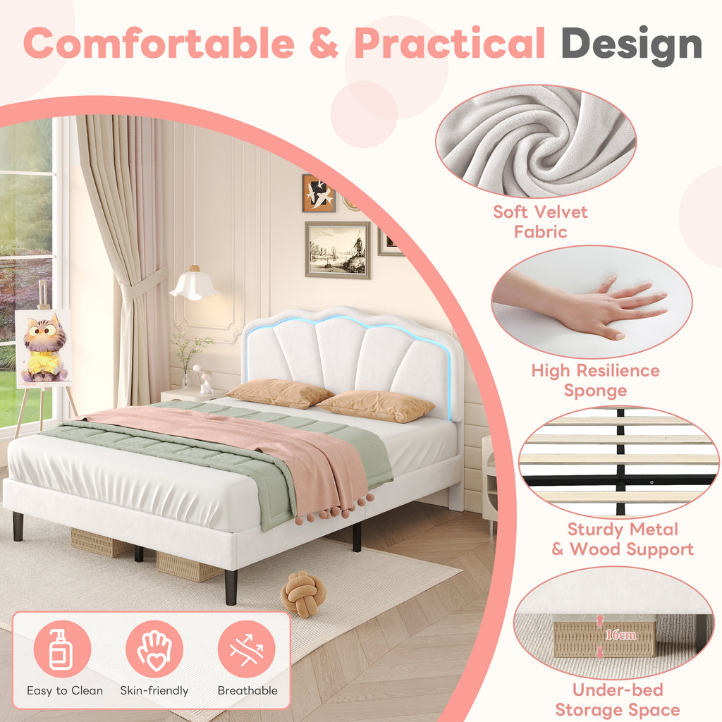 4ft6 Double Upholstered Bed with LED Adjustable Shell Shape Headboard, Soft Velvet Bed Frame with Solid Wood Slat, No Box Spring Needed, Easy Assembly, Cream White (No Mattress)