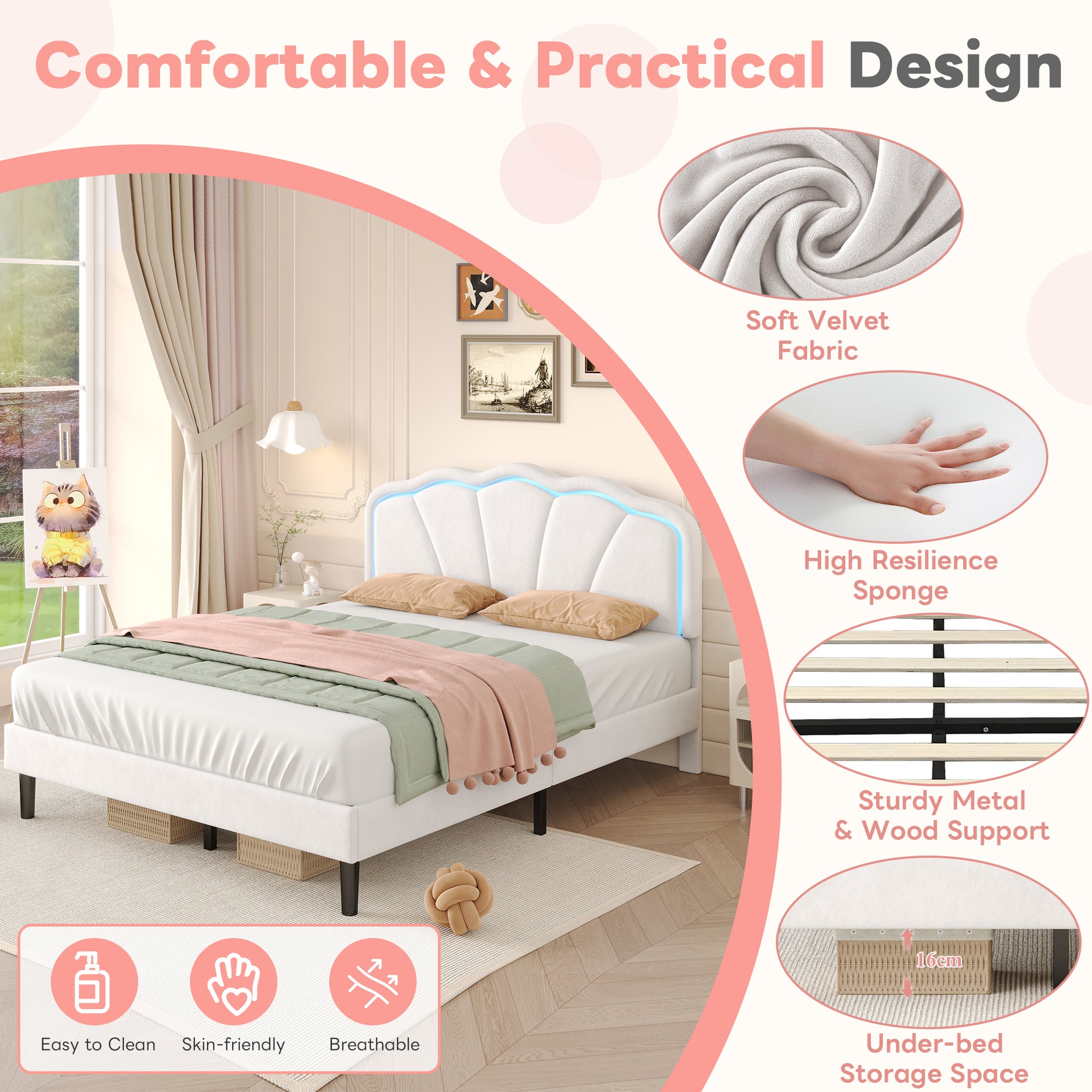 4ft6 Double Upholstered Bed with LED Adjustable Shell Shape Headboard, Soft Velvet Bed Frame with Solid Wood Slat, No Box Spring Needed, Easy Assembly, Cream White (No Mattress)