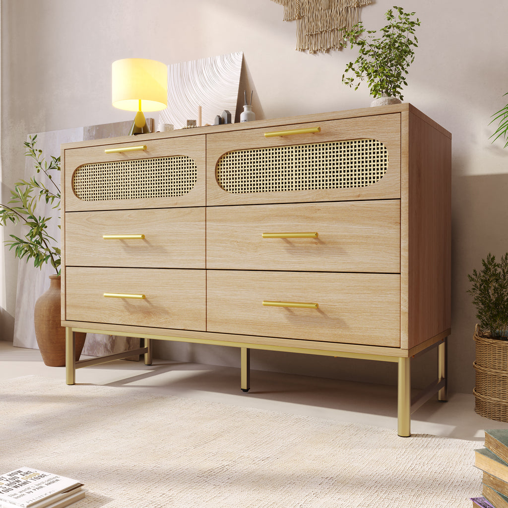 Rattan Sideboard Storage Cabinet with 6 Drawers,  Cupboard Sideboards for Living Room, Bedroom, and Hallway, Metal Handles, Anti-Tip, 120 x 40 x 74 cm, Oak