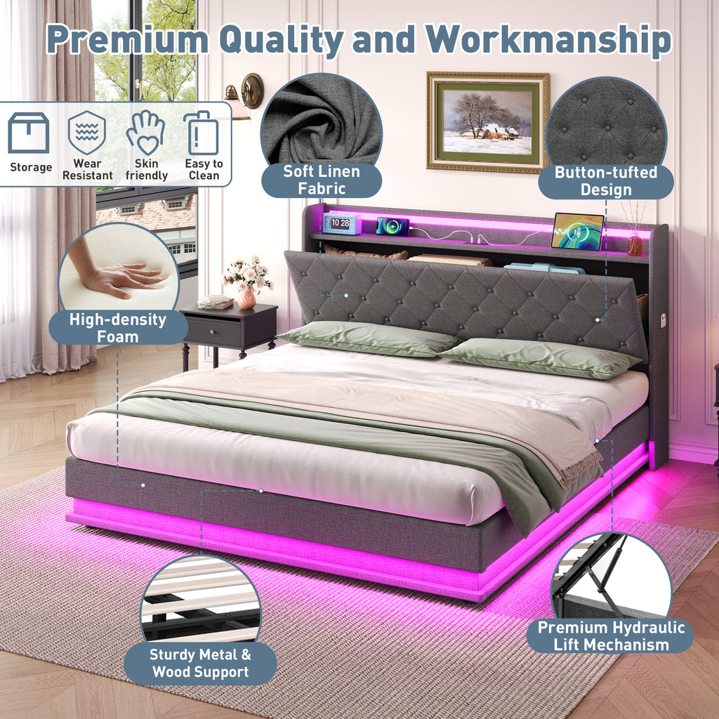 5ft King Upholstered Bed Frame with Hydraulic Storage,  LED Button Tufted Headboard with Charging Station and Concealed Headboard Storage, USB and Type - C Ports, Linen, Grey (No Mattress)