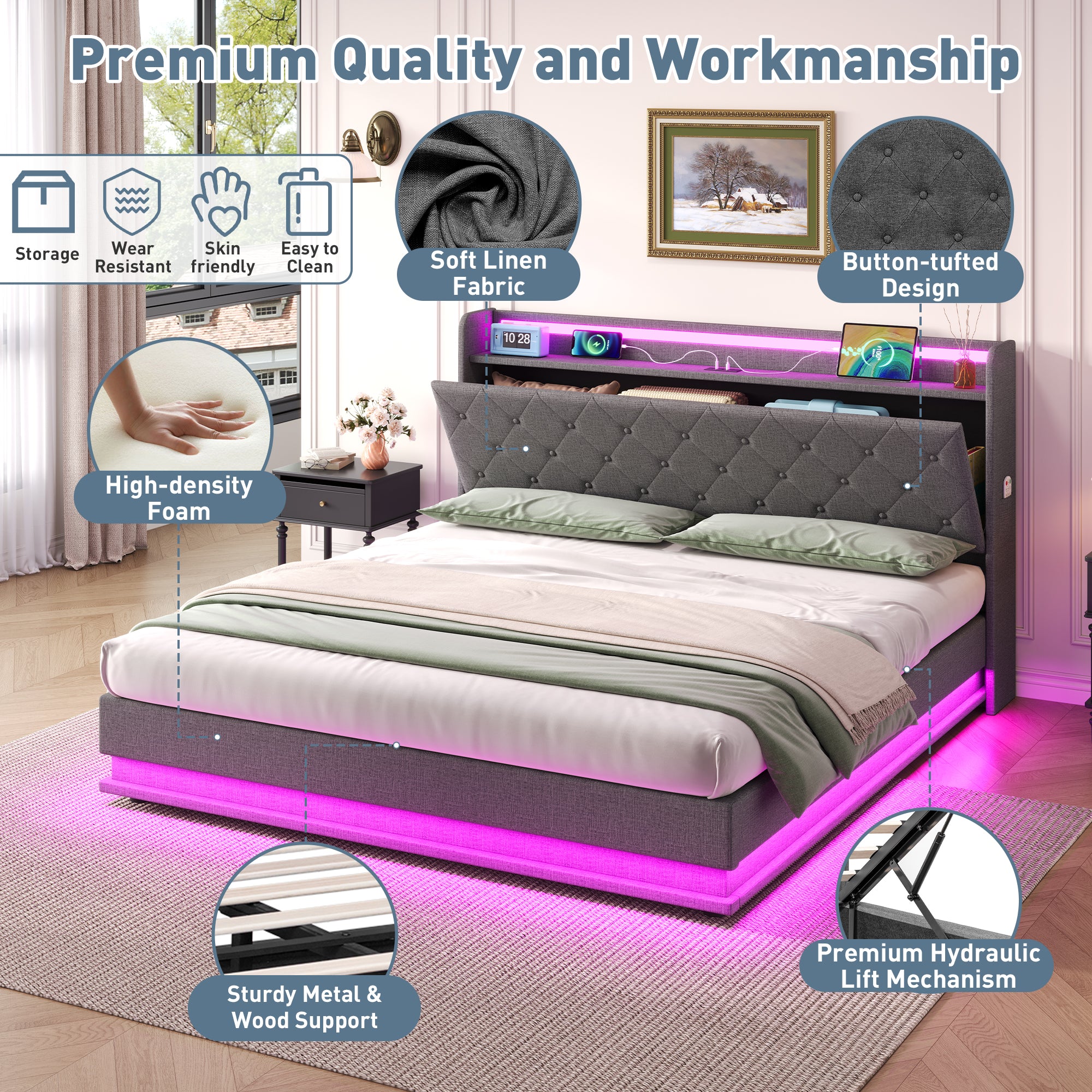5ft King Upholstered Bed Frame with Hydraulic Storage,  LED Button Tufted Headboard with Charging Station and Concealed Headboard Storage, USB and Type - C Ports, Linen, Grey (No Mattress)