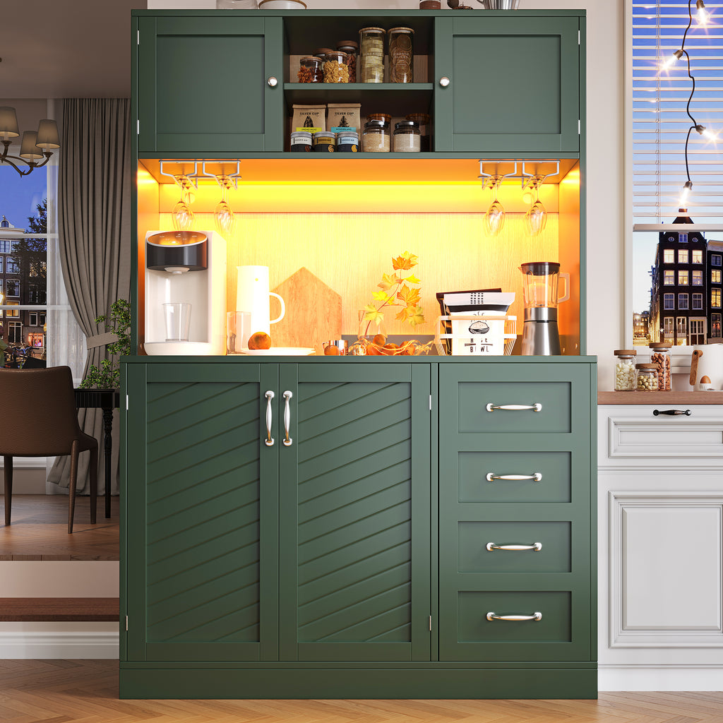 Sideboard / Storage Cabinet / Kitchen Cabinet / Buffet Cabinet, 120x40x188cm, with LED Lighting, Snack Rack & Drink Holders, 4 Doors & 2 Large Drawers, Green/White