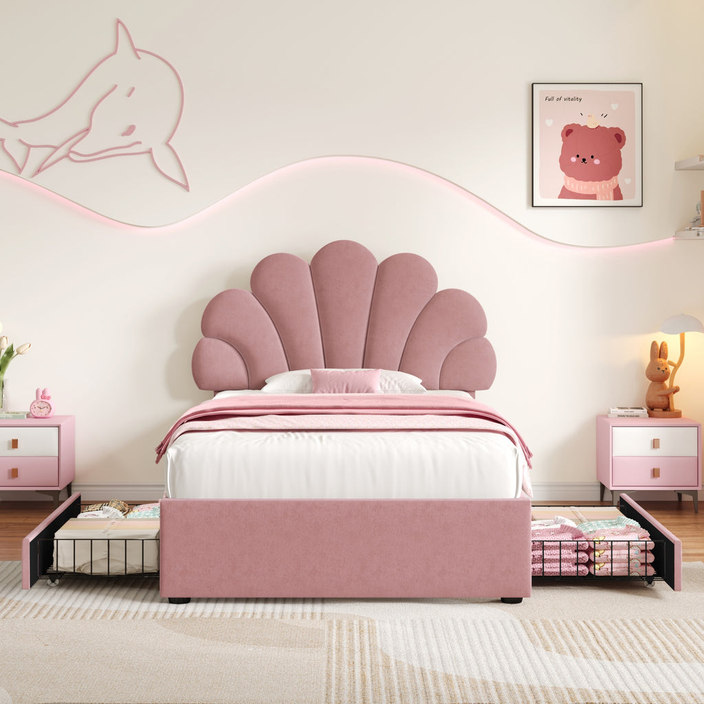 3ft Single Upholstered Bed with Adjustable Chic Petal Headboard, Soft Velvet Bed Frame with 2 Storage Drawers, Petal Bed with Solid Wood Slat, No Box Spring Needed, Easy Assembly, Pink (No Mattress)