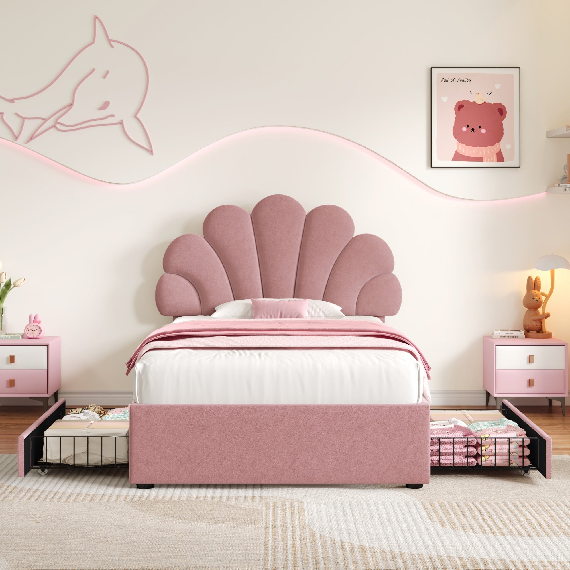 3ft Single Upholstered Bed with Adjustable Chic Petal Headboard, Soft Velvet Bed Frame with 2 Storage Drawers, Petal Bed with Solid Wood Slat, No Box Spring Needed, Easy Assembly, Pink (No Mattress)