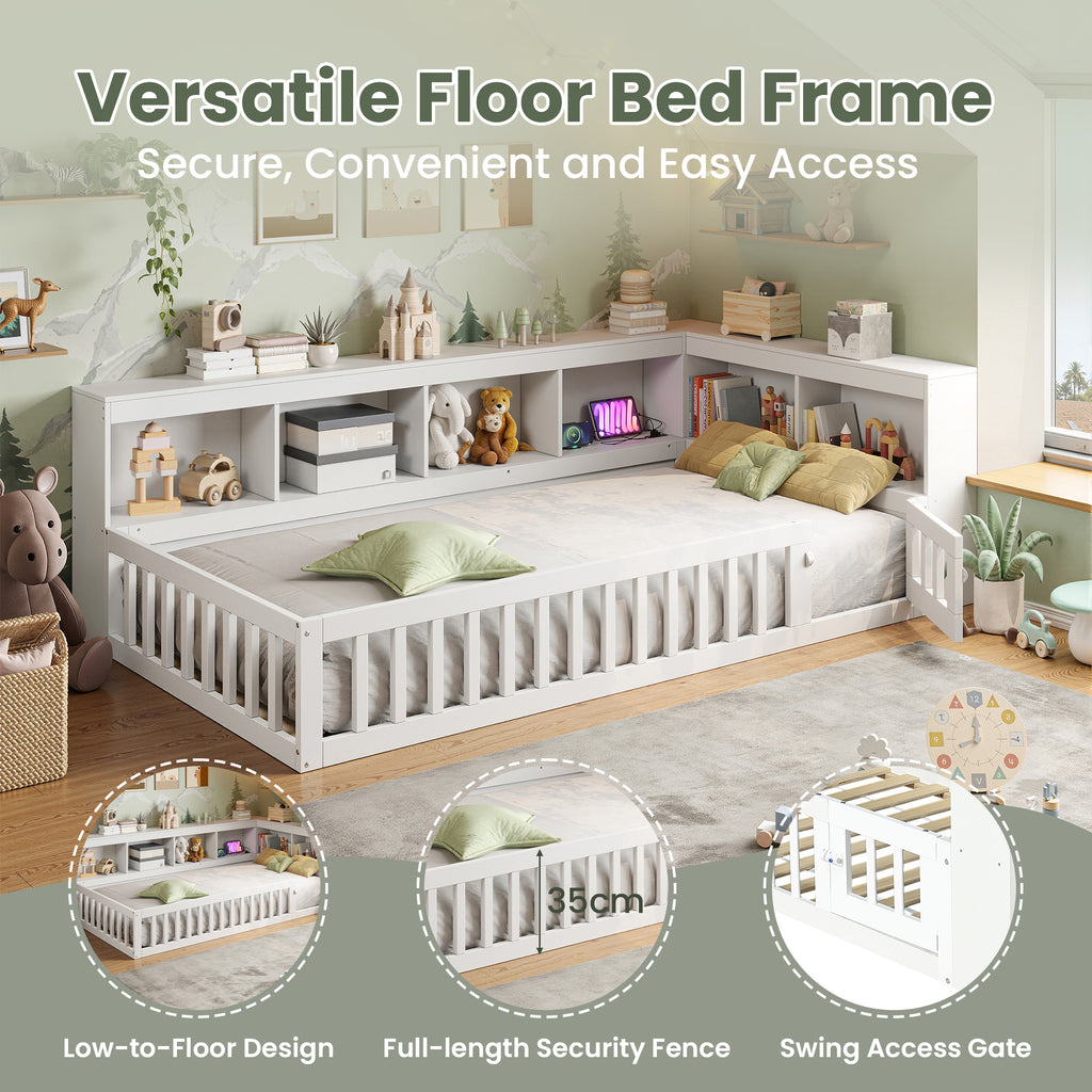 3ft Single Floor Bed Frame with Beside Bookcase and Storage Shelves, Full Floor Bed Frame with Guardrails and Door for Bedroom, USB and Type - C Ports, White (No Mattress)
