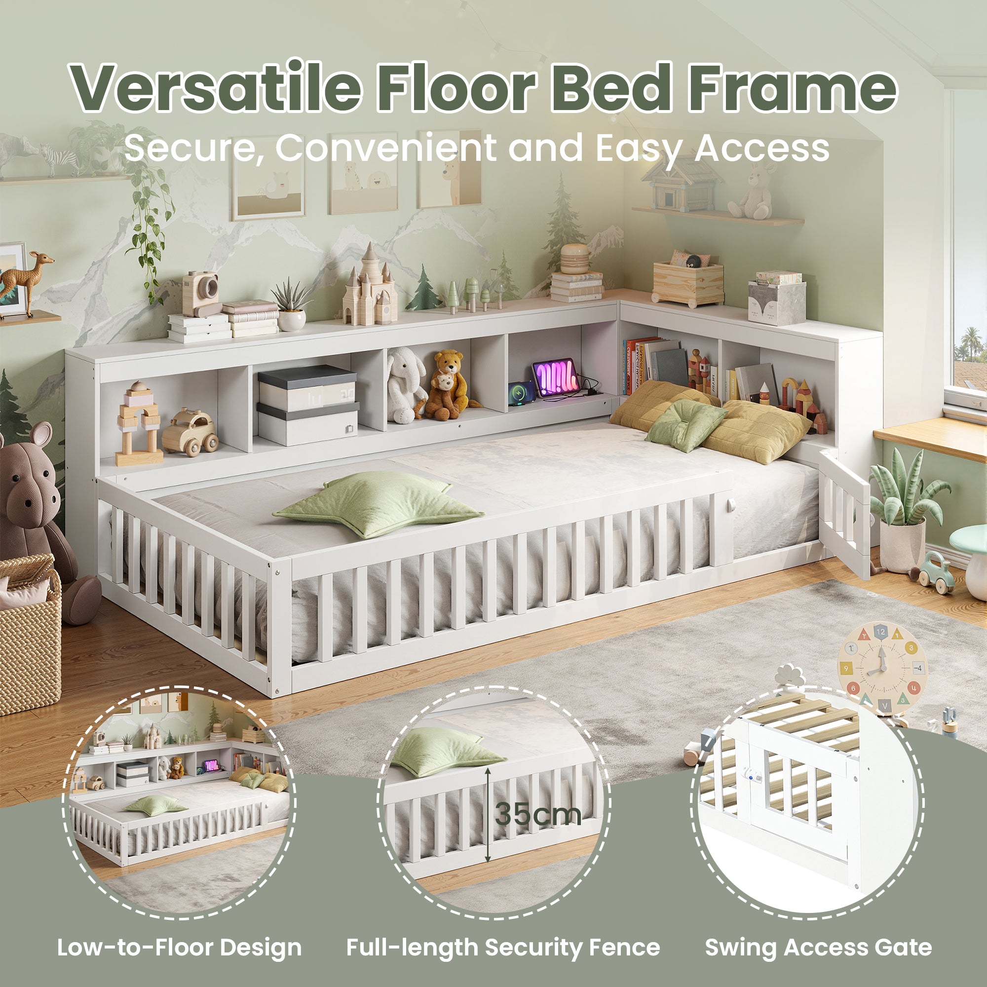 3ft Single Floor Bed Frame with Beside Bookcase and Storage Shelves, Full Floor Bed Frame with Guardrails and Door for Bedroom, USB and Type - C Ports, White (No Mattress)