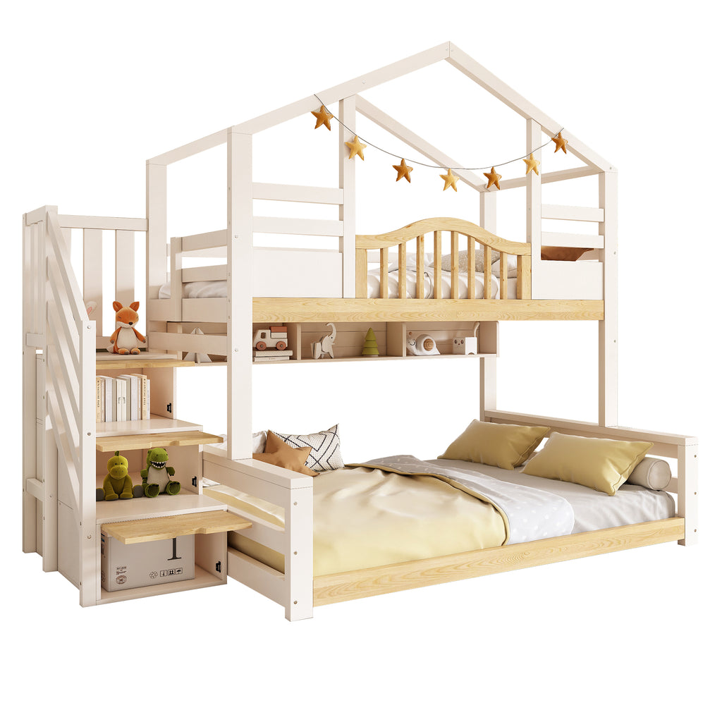 Bunk Beds for Kids, Staircase Bunk with Storage Space, Small House-shaped Children's Bed, Double Bunk Bed for Family with Multiple Children, (90+135) x 190 cm, Solid Wood, White & Natural