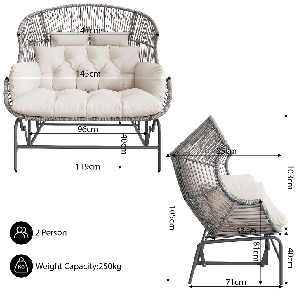 Garden Rocking Chair for Two, Patio Hanging Chair, Outdoor Swing Egg Chair, Rocking Chair, Garden Swing, Porch Swing for the Garden, Balcony, or Terrace, Gray