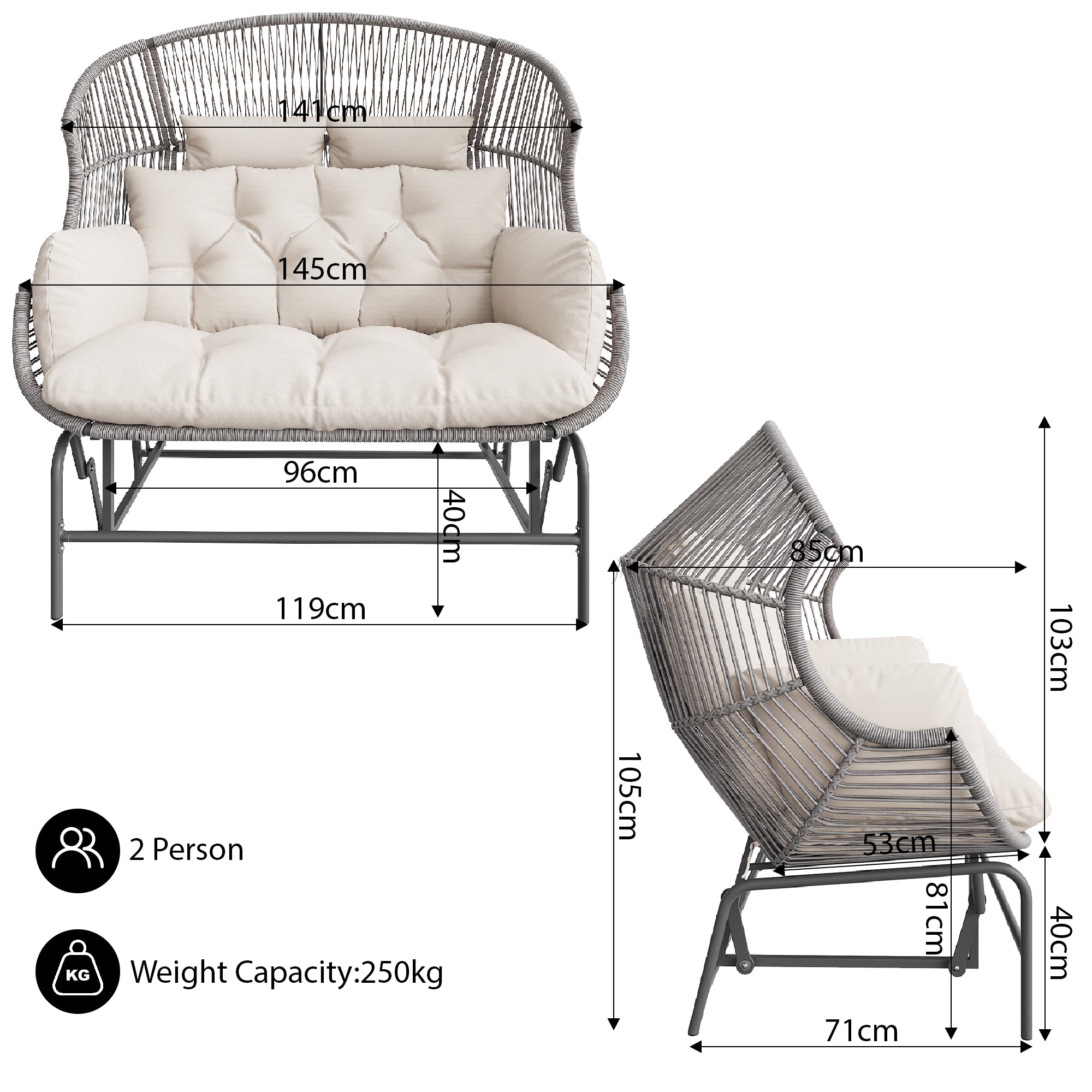 Garden Rocking Chair for Two, Patio Hanging Chair, Outdoor Swing Egg Chair, Rocking Chair, Garden Swing, Porch Swing for the Garden, Balcony, or Terrace, Gray