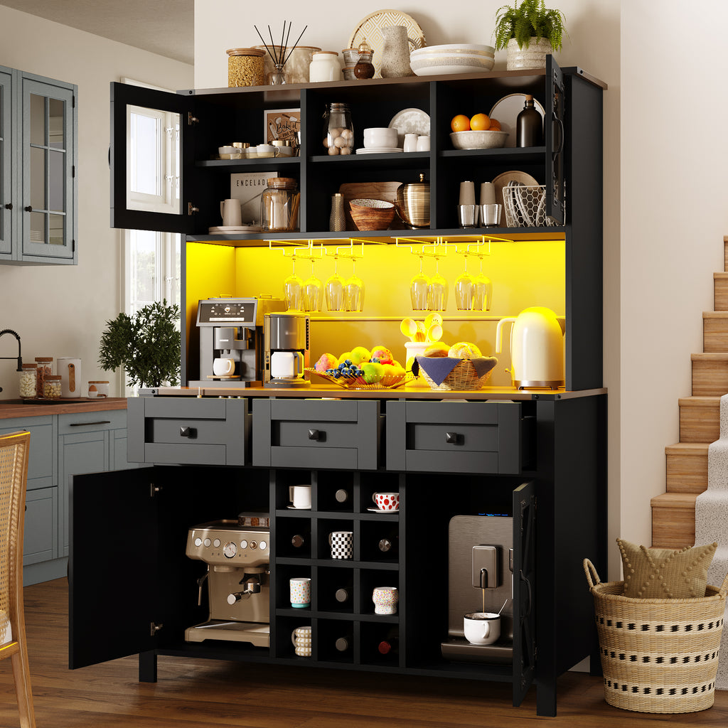 Tall Kitchen Cabinet with 4 Doors & 3 Drawers, USB Ports & Power Outlets, LED Light Strip, Modern Storage Sideboard, Side Cabinet for Kitchen & Living Room, 120 x 40 x 170 cm, Black
