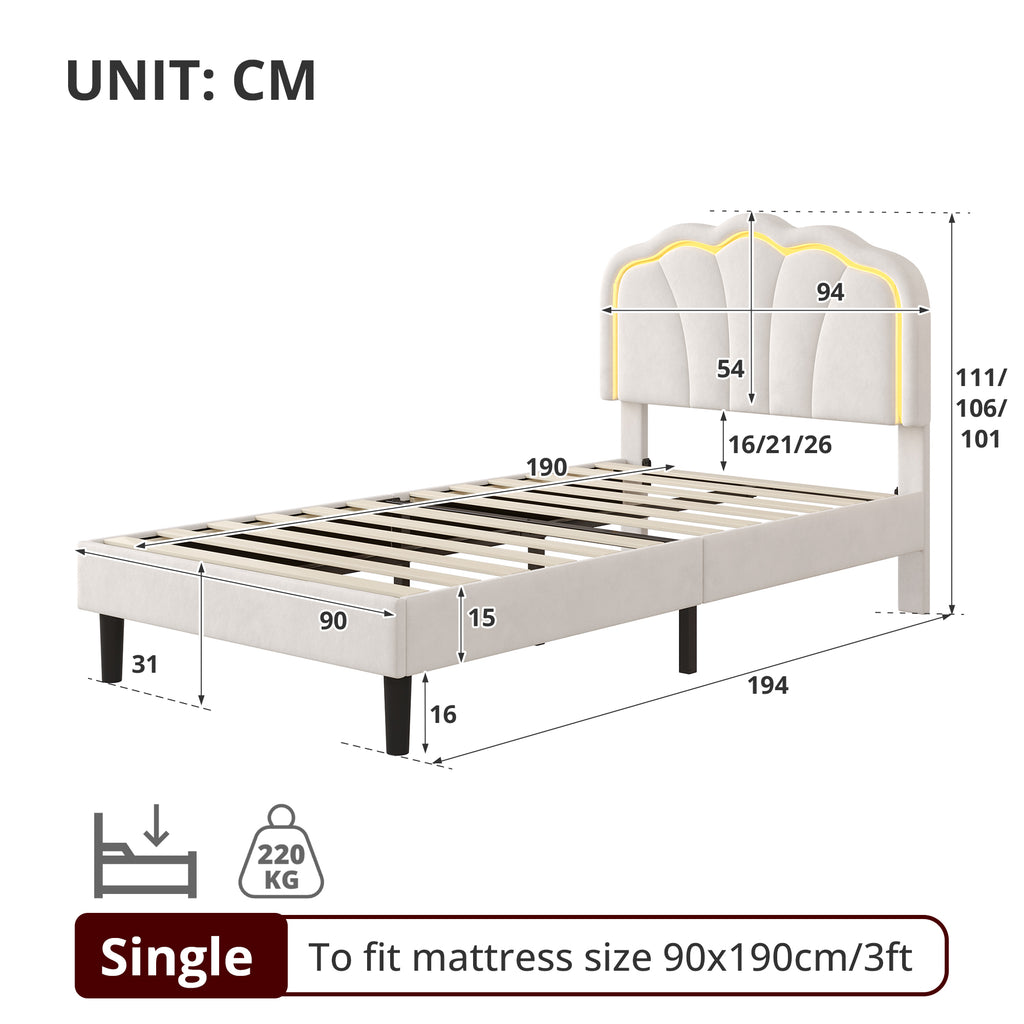 3ft Single Upholstered Bed with LED Adjustable Shell Shape Headboard, Soft Velvet Bed Frame with Solid Wood Slat, No Box Spring Needed, Easy Assembly, Cream White (No Mattress)