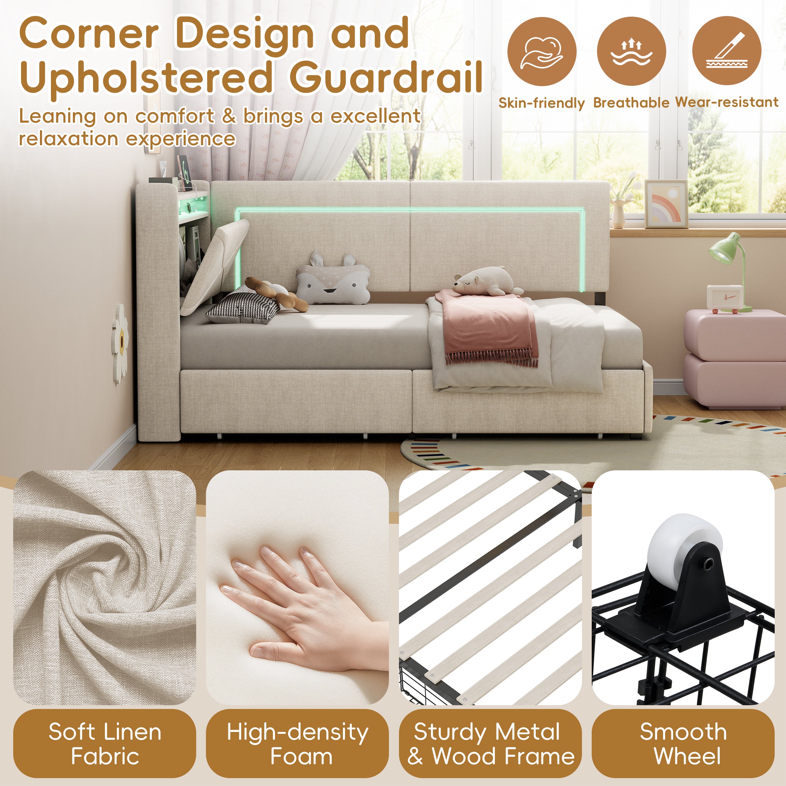3ft Single Daybed with Two Storage Drawers, LED Concealed Headboard Storage with Charging Station, Modern Linen Sofa Bed for Living Room/ Bedroom/ Study Room, 90X190cm, Beige (No Mattress)