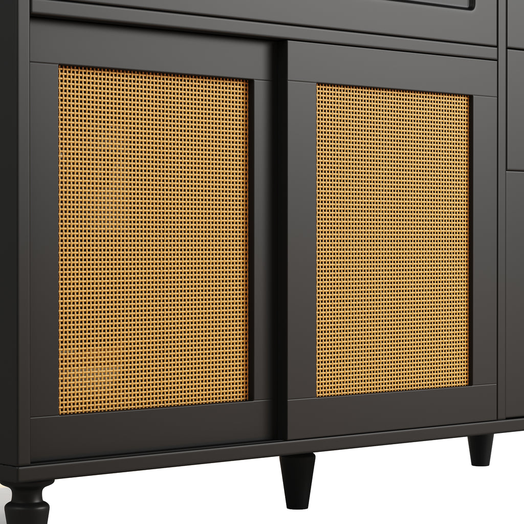 Kitchen Cabinet(120*45*195.5 cm), Tall Cabinet, Display Cabinet, Buffet Cabinet with Adjustable Shelves, Dining Room Cabinet with 3 Drawers, Sideboard with LED Lighting, PE Rattan, Black