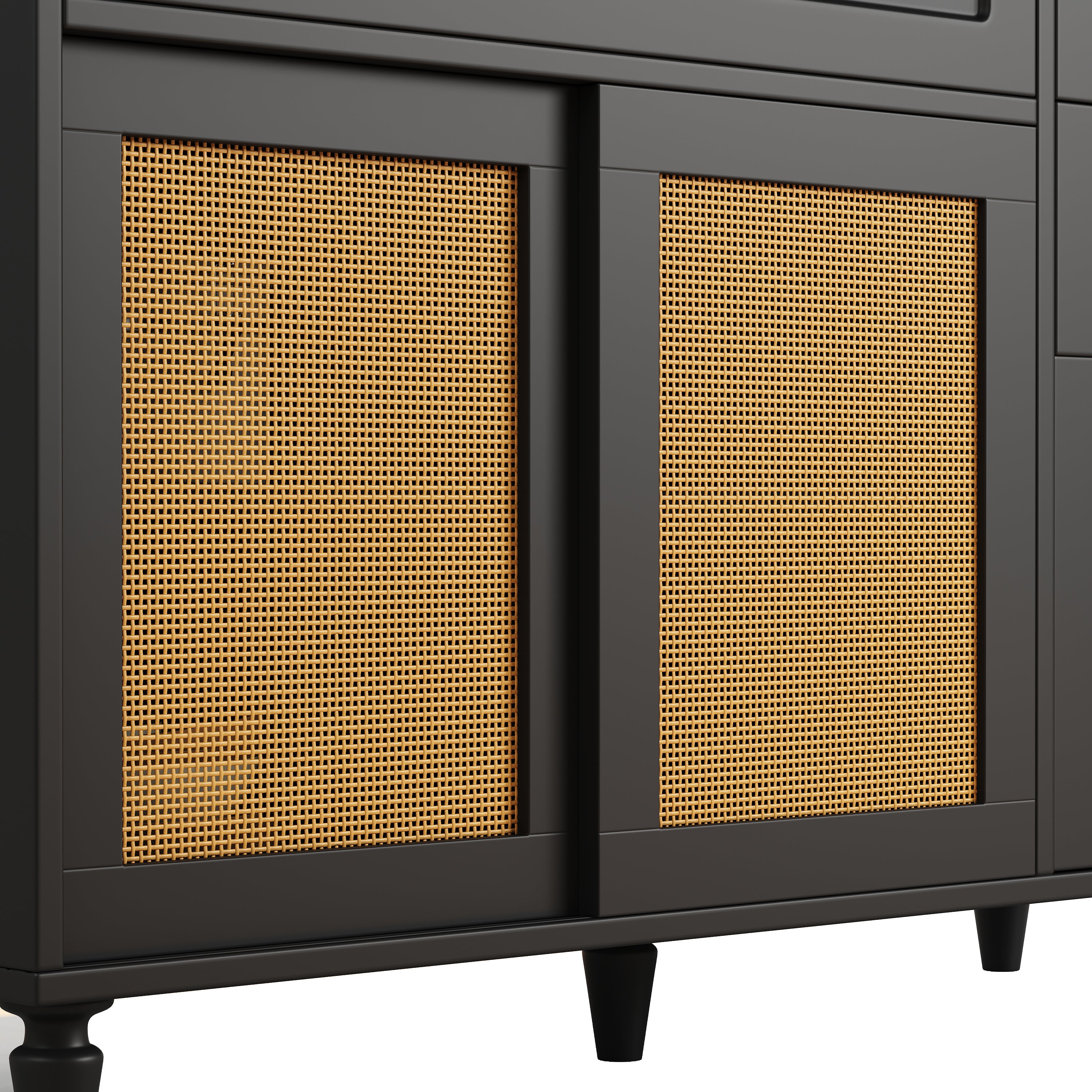 Kitchen Cabinet(120*45*195.5 cm), Tall Cabinet, Display Cabinet, Buffet Cabinet with Adjustable Shelves, Dining Room Cabinet with 3 Drawers, Sideboard with LED Lighting, PE Rattan, Black