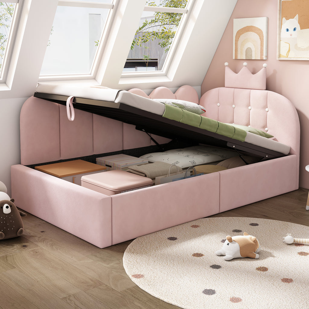 Upholstered Daybed with Hydraulic Storage, 3FT Single Sofa Bed 90 x 190 cm, Crown-shaped Bed Guest Beds for Adults & Children, Velvet, Pink (No Mattress)