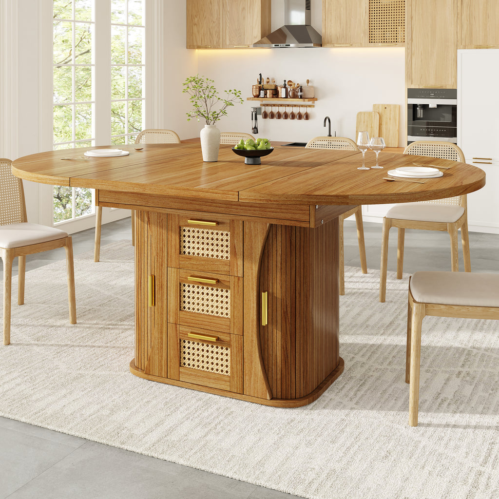Extendable dining table with storage, 118–158cm table with rattan drawers, MDF wood look, black / natural wood / brown