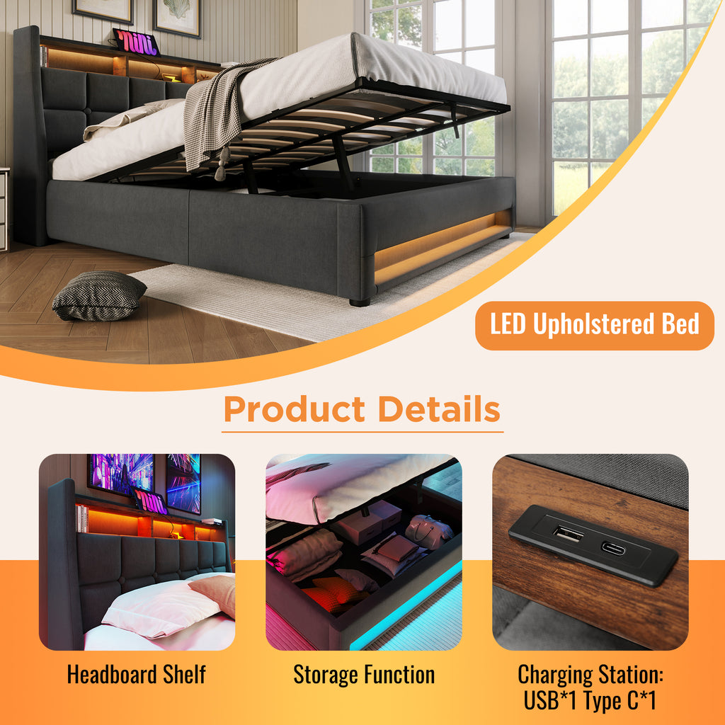 Upholstered Bed 150 x 200 cm with LED Lighting, USB Type-C Charging Function, Storage Headboard, 5FT King Size Storage Bed Frame with Metal Slatted Frame, Linen, Grey (No Mattress)