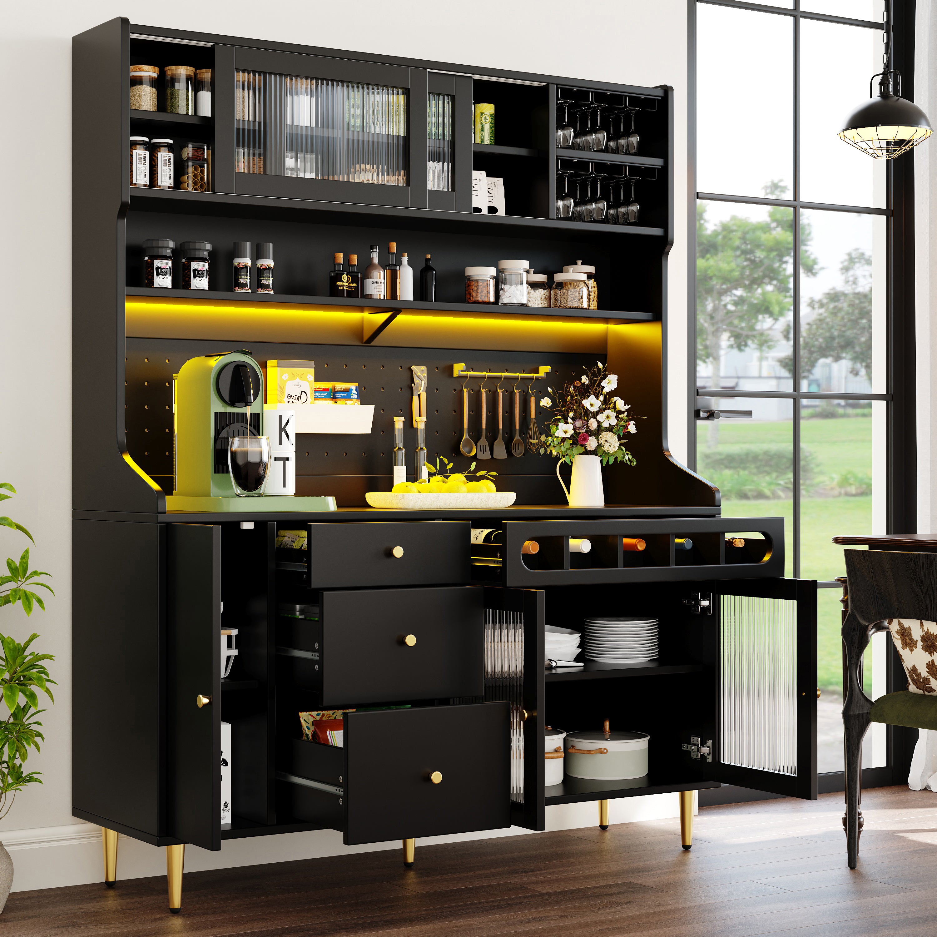 Highboard with Adjustable Shelves & LED Lights, Freestanding Storage Unit for Living Room Kitchen Dining, Tall cabinet with wine rack, Dimensions 145x39x171cm, Black