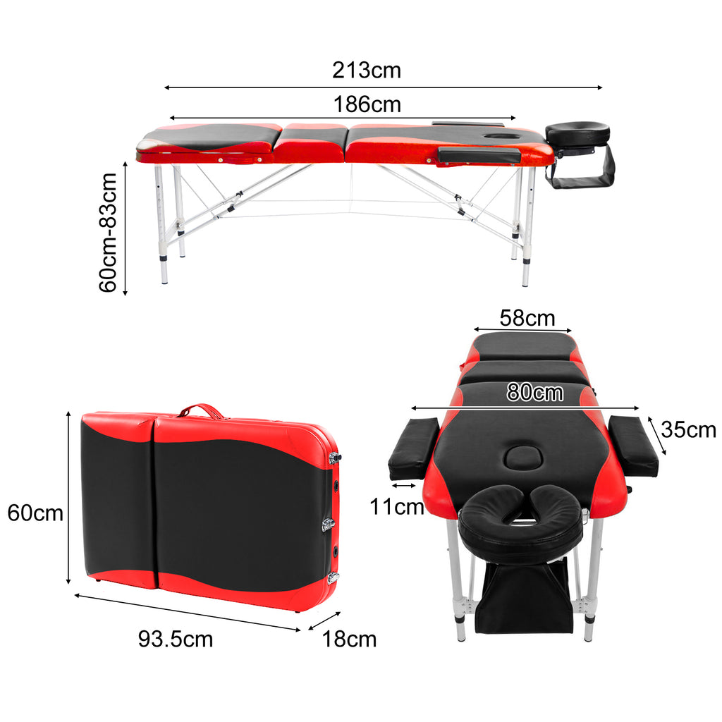 Massage Table Couch Bed Aluminium Deluxe Lightweight Professional Beauty Tattoo Spa 3 Section with Premium PU Leather and 5 cm High Density Multi-Layer Foam Headrest Arm support and Carrying Bag Red