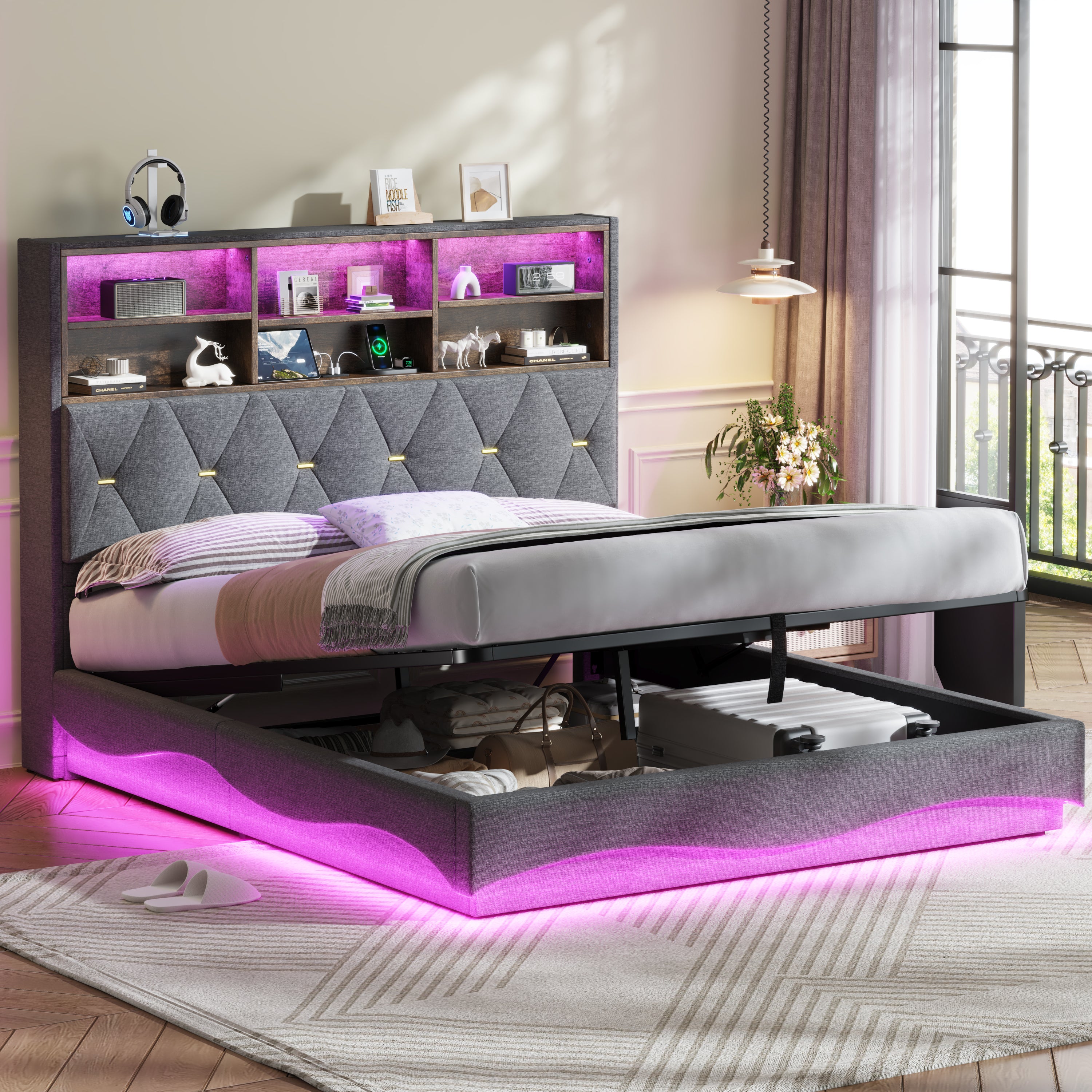 5ft King Upholstered Bed Frame with Hydraulic Storage, Wavy LED Heightened Headboard with Charging Station, USB and Type - C Ports, Linen, No Box Spring Needed, Grey (No Mattress)