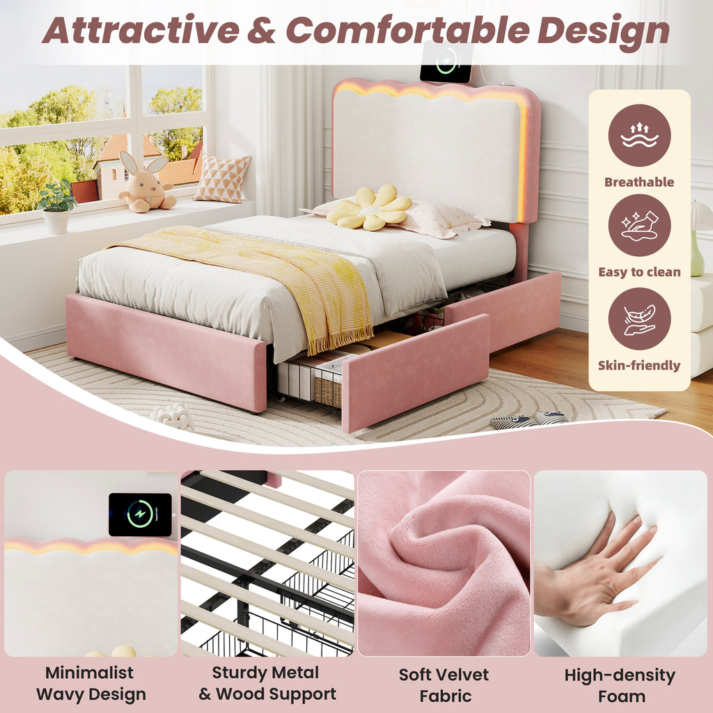 3ft Single Upholstered Bed with Adjustable LED Wavy Headboard, Soft Velvet Bed Frame with 2 Storage Drawers, Bed Frame with Solid Wood Slat, Easy Assembly, Pink+Cream White (No Mattress)