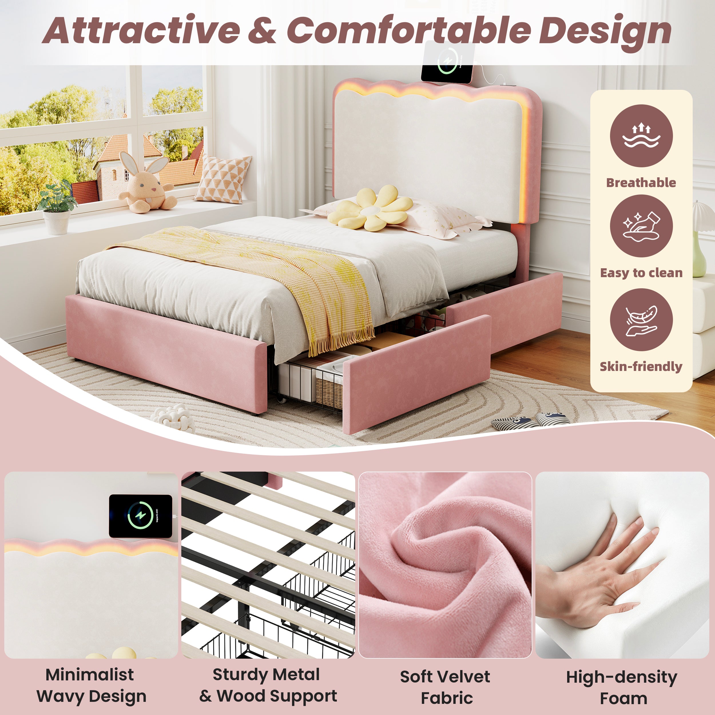 3ft Single Upholstered Bed with Adjustable LED Wavy Headboard, Soft Velvet Bed Frame with 2 Storage Drawers, Bed Frame with Solid Wood Slat, Easy Assembly, Pink+Cream White (No Mattress)
