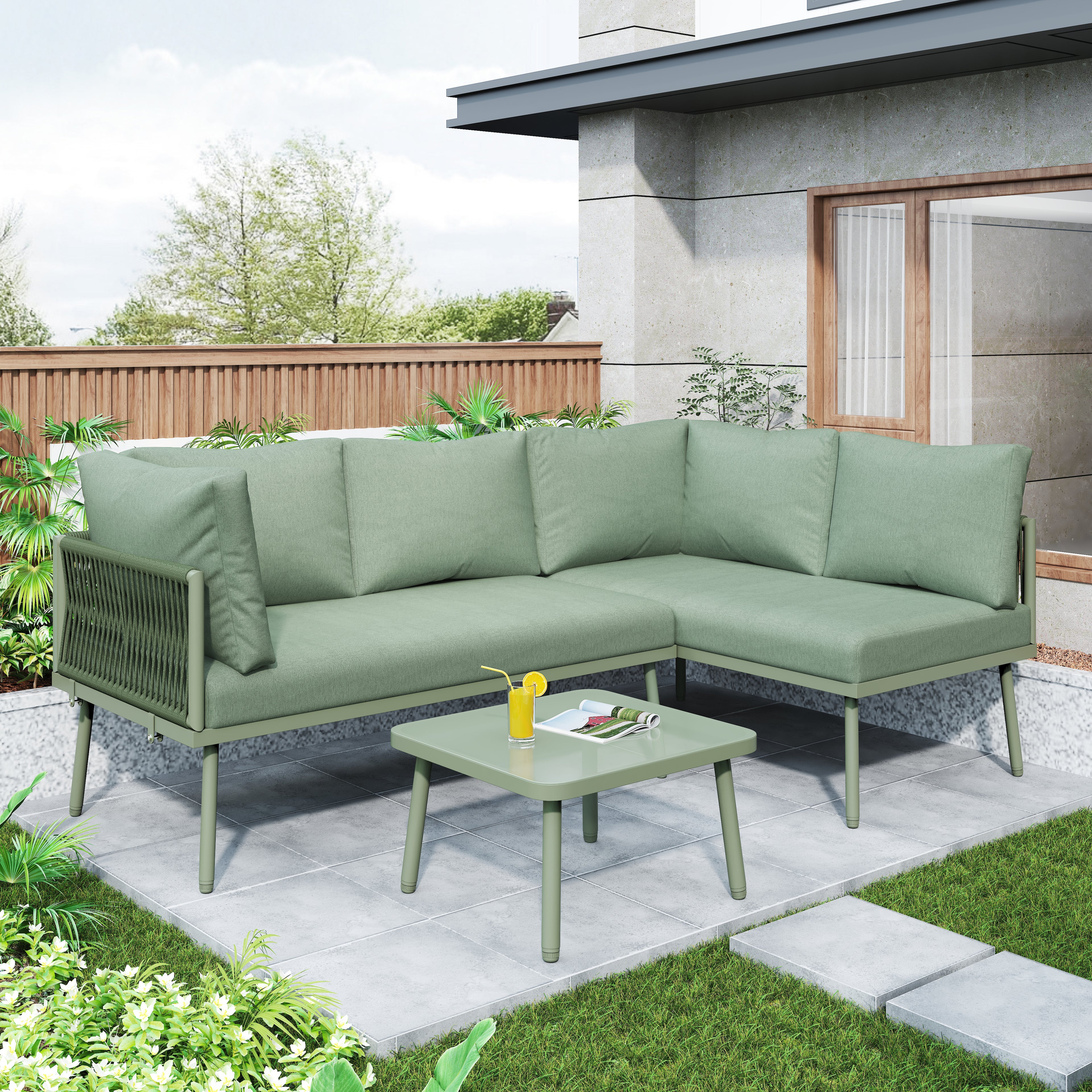 Outdoor Patio&Backyard Furniture Garden Lounge Set for 4-5 people, Thick Quality Space Saving L-Shaped Corner Sofa with Glass Coffee Table, Green