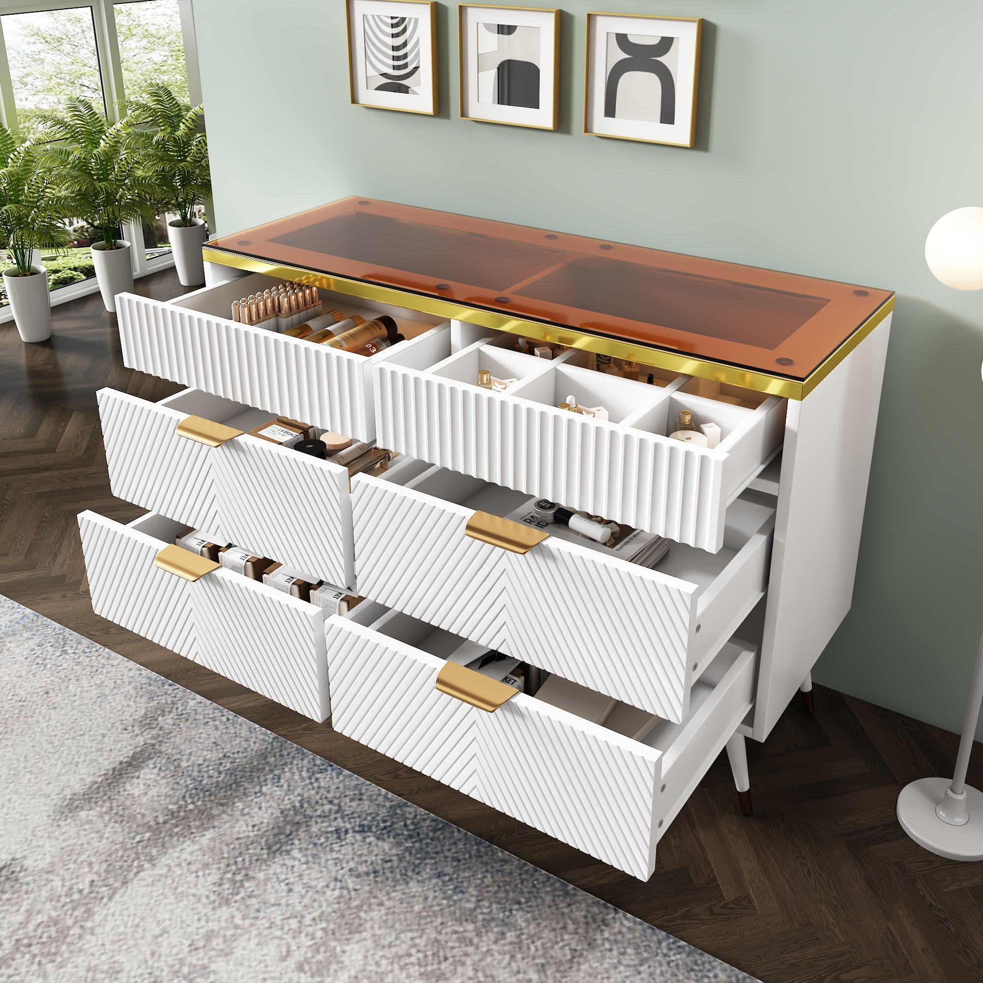 Sideboard Cabinet Dresser with 6 Drawers,Amber glass chest of drawers, Compartmentalised storage,Anti-tip,Dressing table for Living Room, Hallway, Bedroom, and Children's Room, 120 x 40 x 76 cm, White