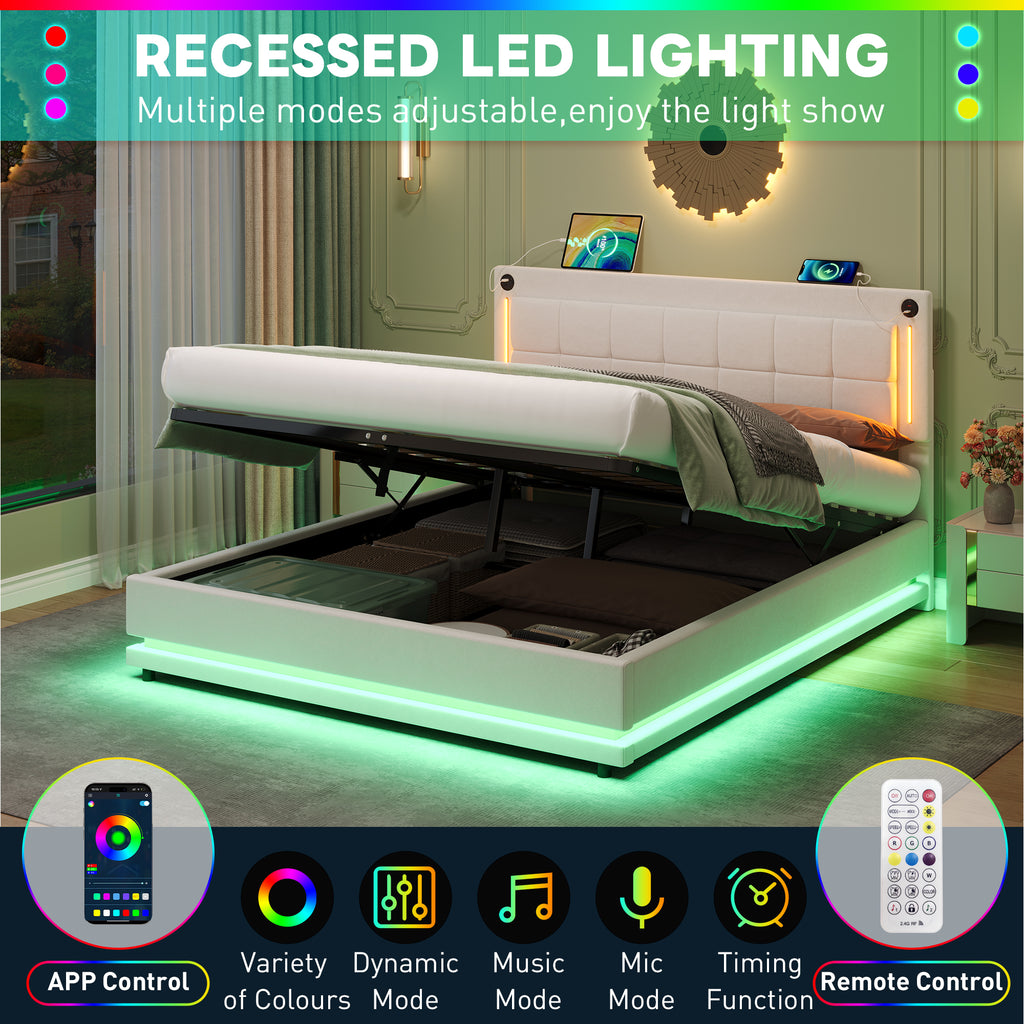 5ft King LED Hydraulic Bed with Charging Station, Adjustable Square Tufted Headboard with Intelligent Control Light, Soft Velvet Bed Frame with USB and Type - C Ports, Beige (No Mattress)