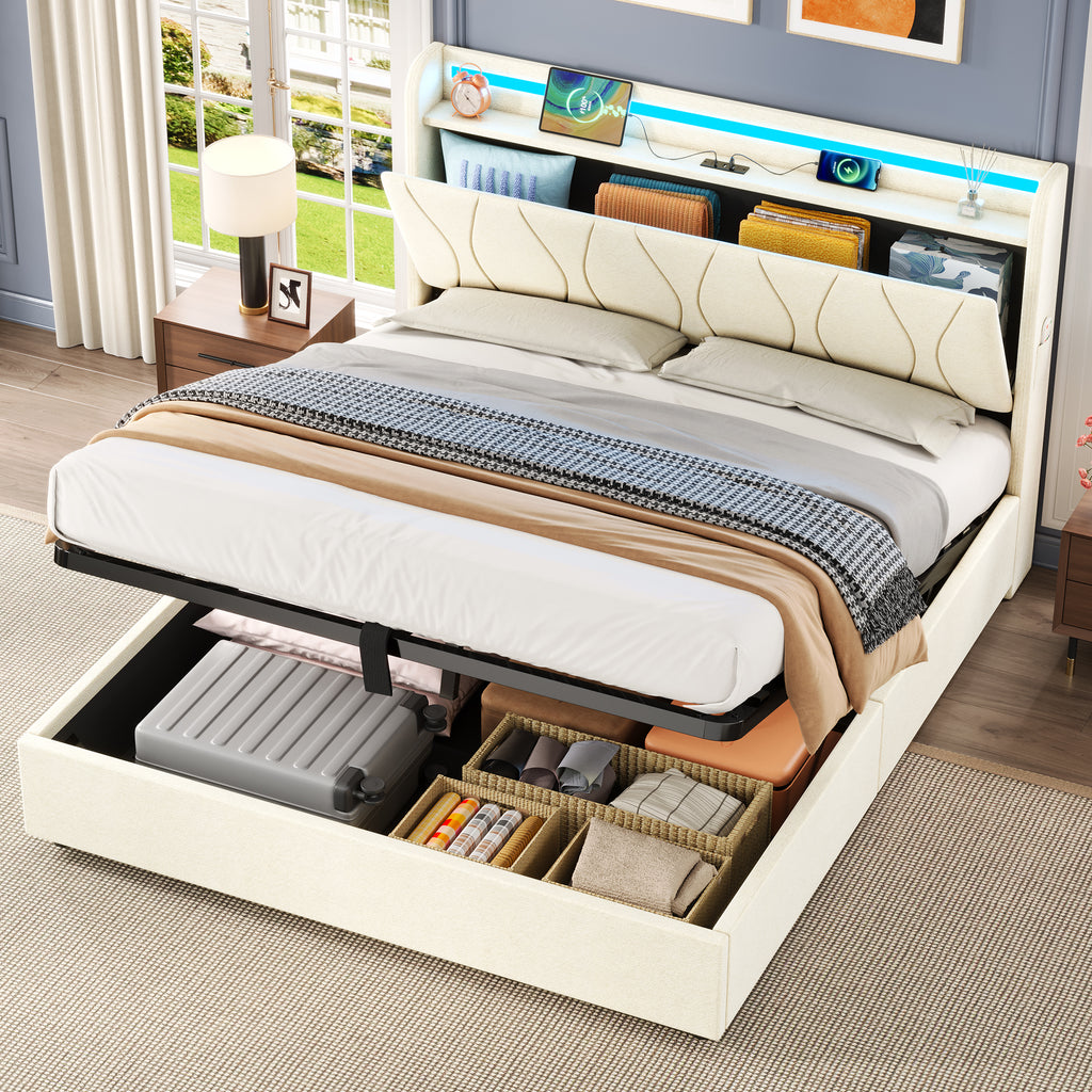 4ft6 Double Upholstered Bed Frame with Hydraulic Storage, LED Headboard with Charging Station and Concealed Headboard Storage, USB and Type - C Ports, Linen, No Box Spring Needed, Beige (No Mattress)