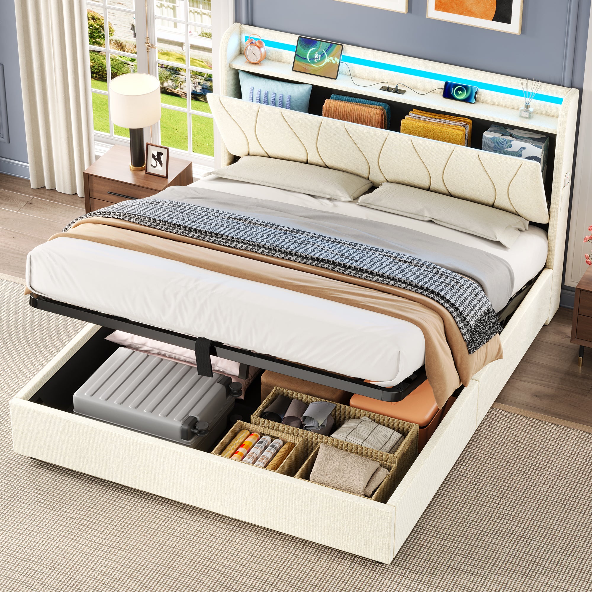 4ft6 Double Upholstered Bed Frame with Hydraulic Storage, LED Headboard with Charging Station and Concealed Headboard Storage, USB and Type - C Ports, Linen, No Box Spring Needed, Beige (No Mattress)