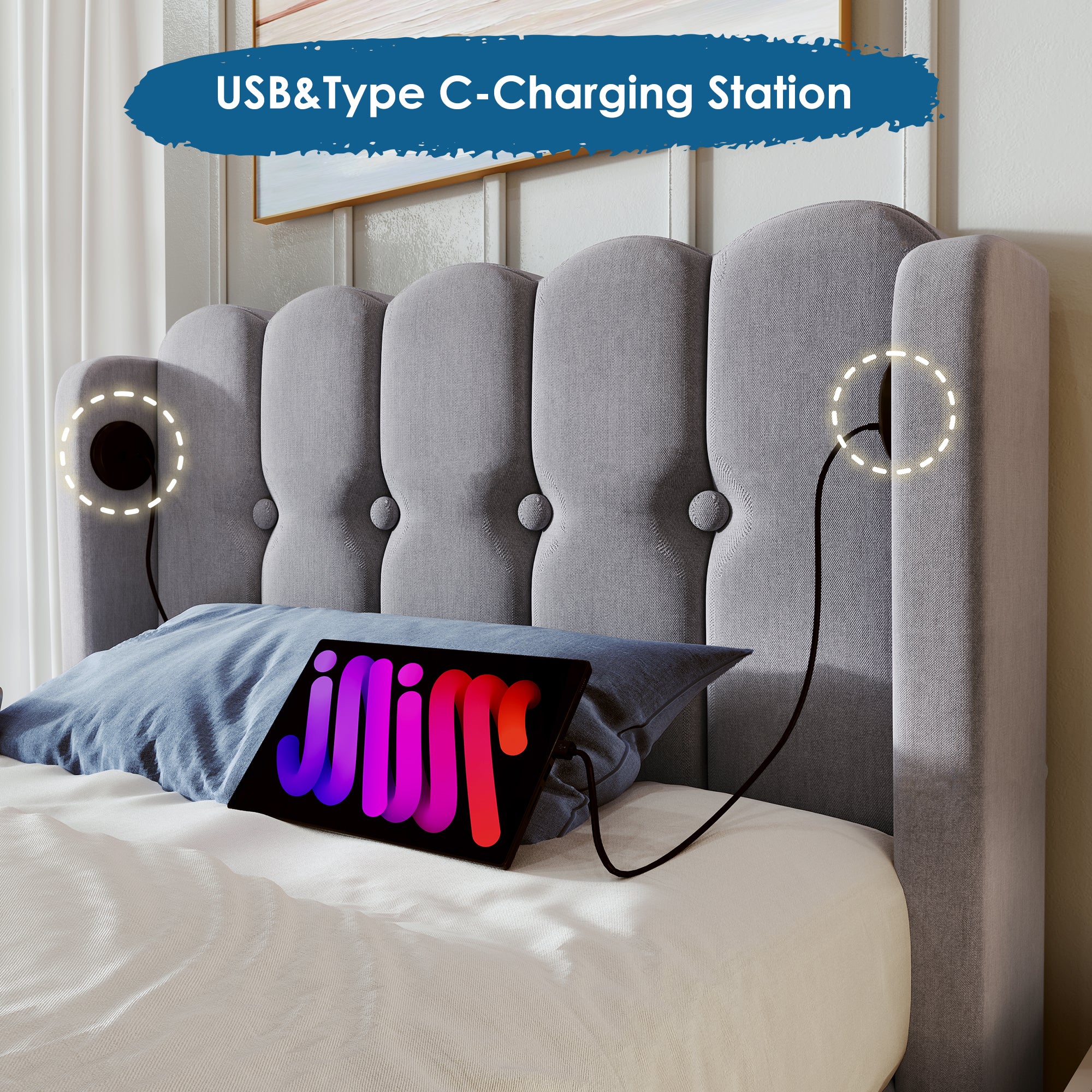 Upholstered Single Bed with USB and Type-C Charging, Bed Frame with Wooden Slatted Frame, Teenager Bed for Bedroom & Guest Room, 3ft 90 x 190 cm Bed Frame, Grey, Linen Material (No Mattress).