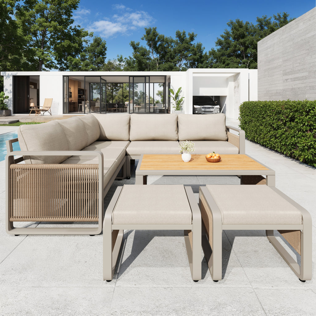 Garden lounge chair set, furniture set for 6-7 people, handwoven rope garden sofa, weatherproof corner set & iron lounger, including soft seat and back cushions, adjustable feet, beige