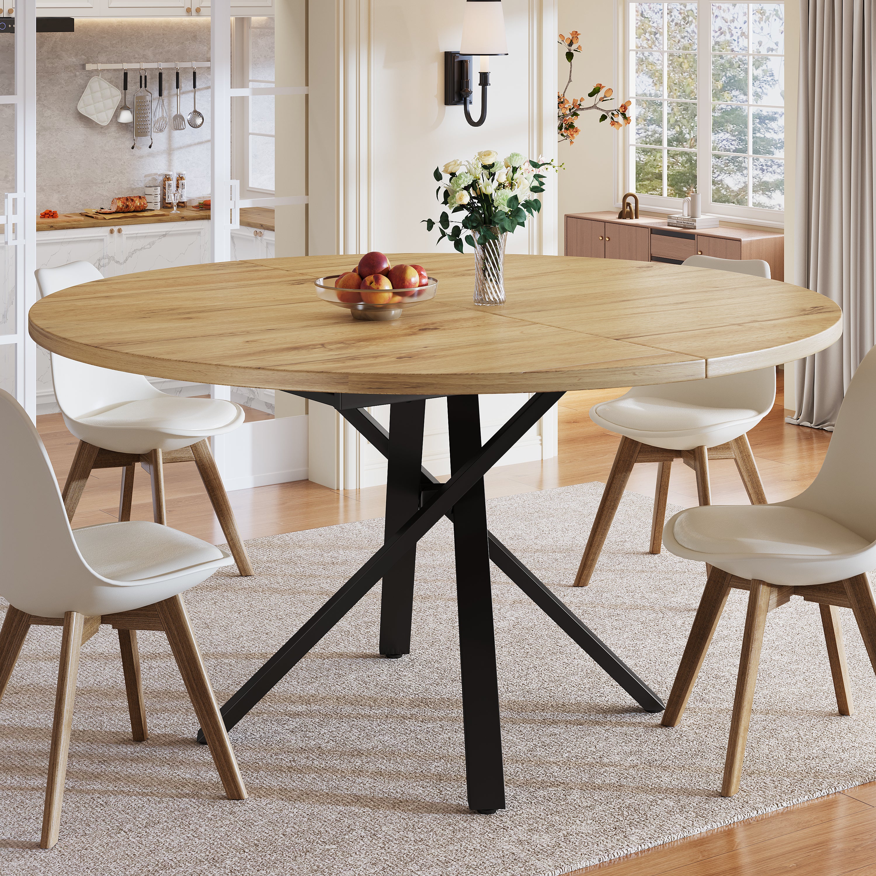 Extendable dining table 100-140cm, round-oval table, stable X-metal frame, adjustable feet, wood look