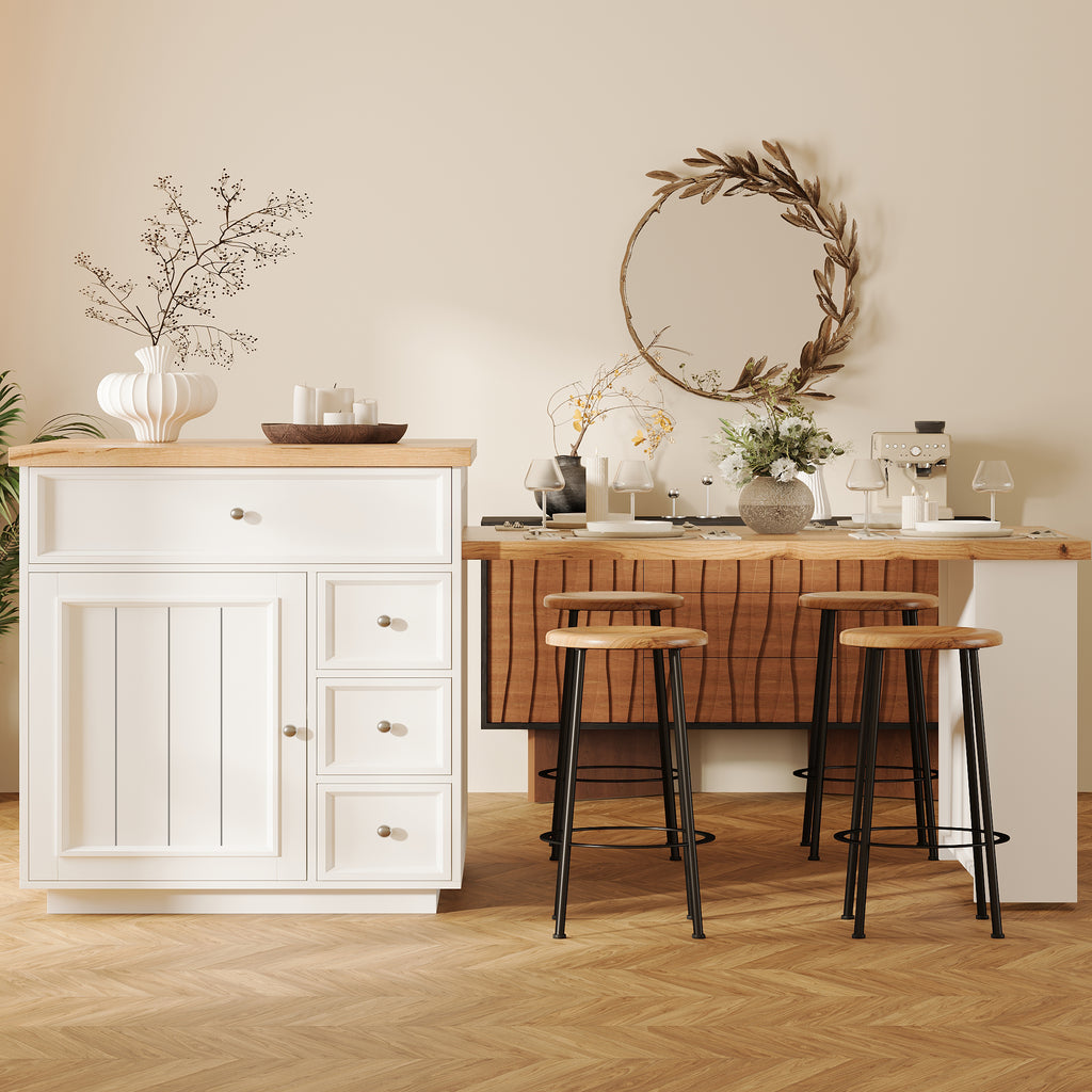Extendable kitchen island (120-184 cm) with drawers and casters, mobile kitchen island with wood-look tabletop, versatile counter island for kitchen, dining room & bar counter, white/black