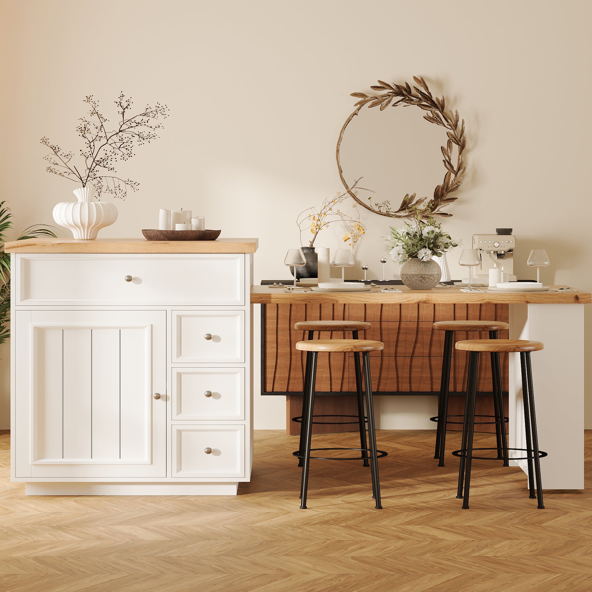 Extendable kitchen island (120-184 cm) with drawers and casters, mobile kitchen island with wood-look tabletop, versatile counter island for kitchen, dining room & bar counter, white/black