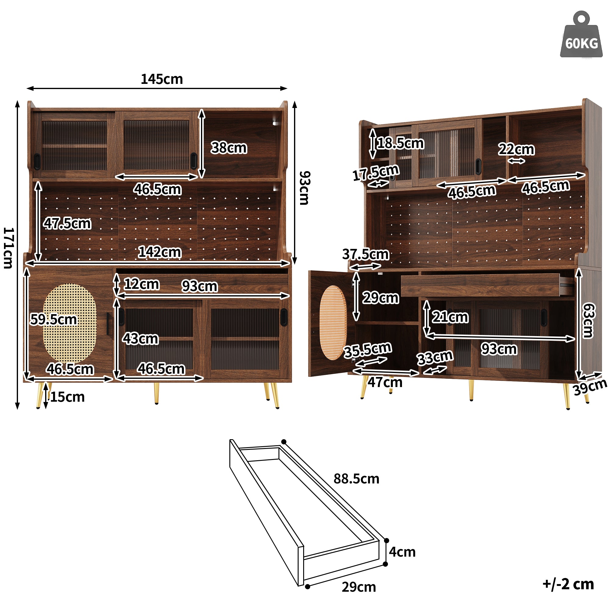 Sideboard / Storage Cabinet / Kitchen Cabinet / Buffet, 145x39x171cm, Country Style, 5 Doors, with LED Light Strip & Pegboard, Fluted Glass Doors, Brown/Black