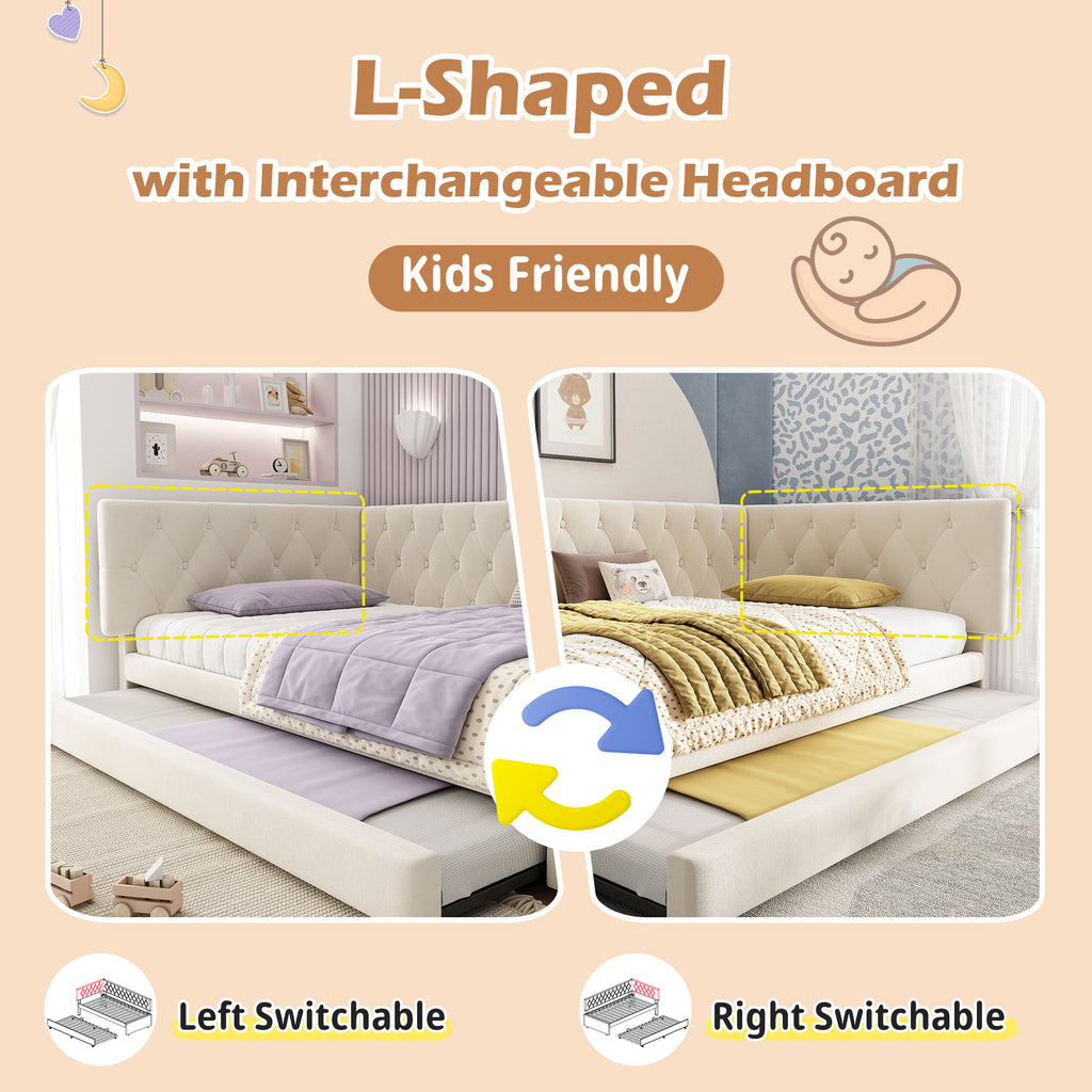 Upholstered Bed Daybed with Pull-Out Bed, 3FT Single Sofa Bed 90 x 190 cm, Ottoman Bed Trundle Beds for Adults and Kids, Bed with Slatted Frame, Velvet, Beige (No Mattress)